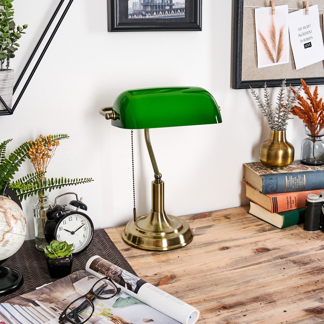 hofstein Tischleuchte Tischlampe aus Metall/Glas in Altmessing/Grün/Weiß, S günstig online kaufen