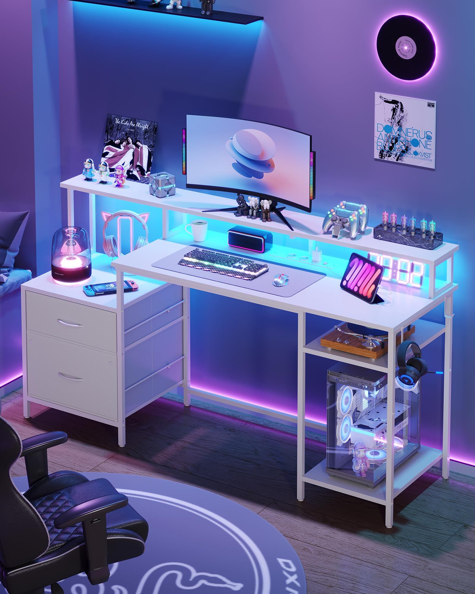 MSMASK Computertisch Gaming Tisch mit Led und Steckdose, Schreibtisch mit 2 Schubladen, Bürotisch mit Druckerregal und Monitorständer, Verstellbare Ablagen