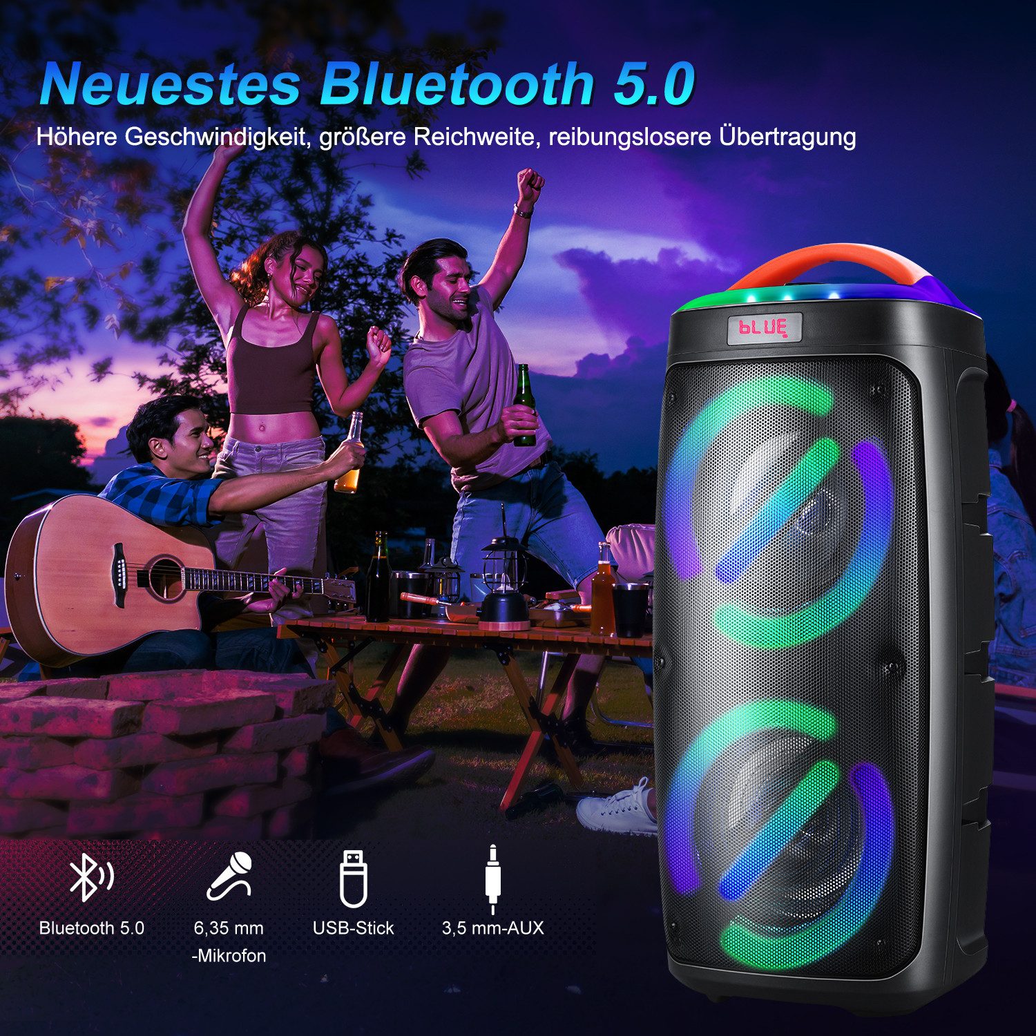CkeyiN CS-8811 Kabelloser Bluetooth-Partylautsprecher mit Kraftvollem Sound Party-Lautsprecher (Bluetooth, 30 W, mit Mikrofon, TWS, 4 RGB-Flammenlichteffekte, AUX, USB, Radio)