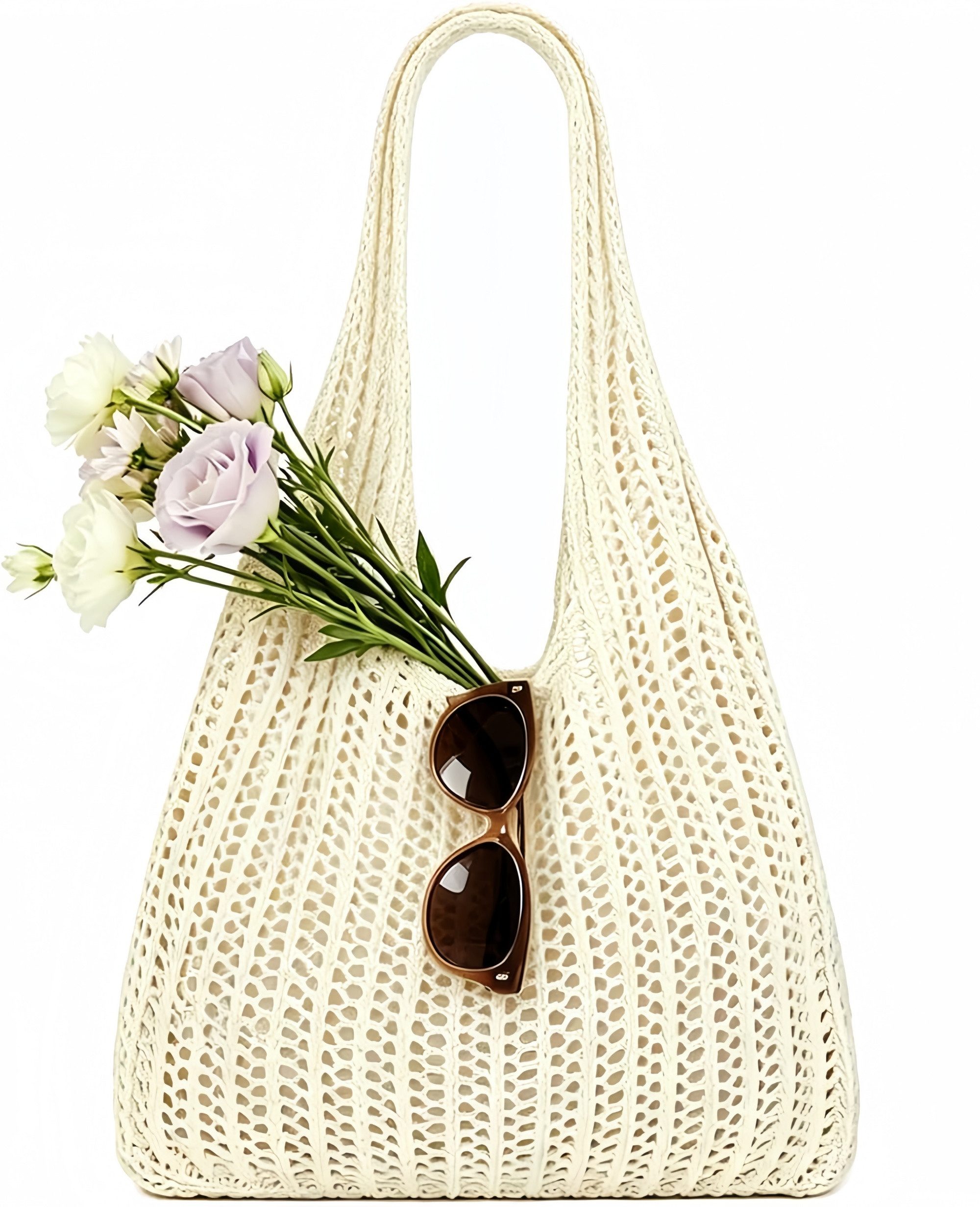 FOUORTUNATE-BEE Schultertasche Boho Häkeltasche Strandtasche aus Netz für Alltag, Shopping & Urlaub, Boho Netz-Strandtasche gehäkelt für Einkauf, Freizeit und Festivals
