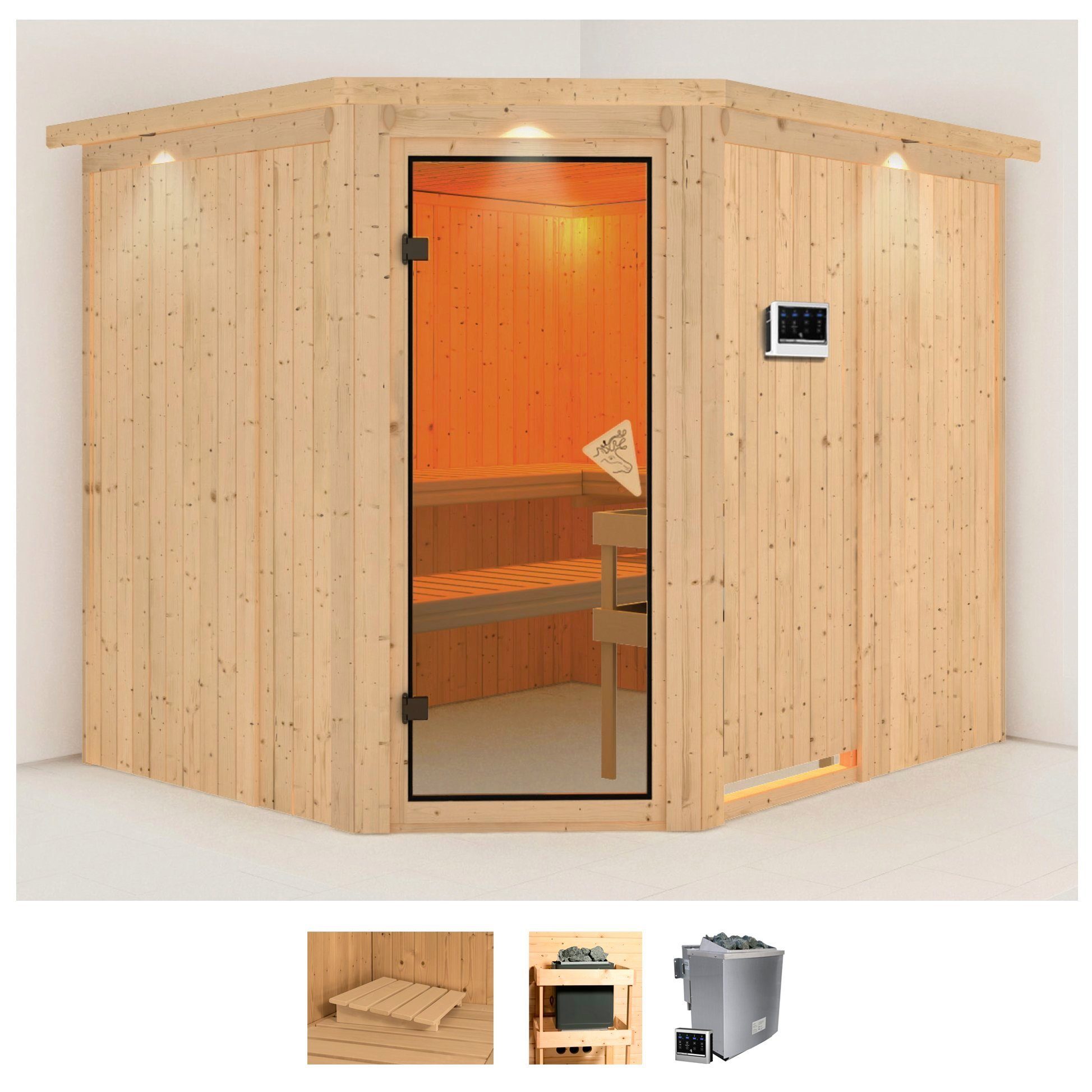 Karibu Sauna Marit, BxTxH: 245 x 210 x 202 cm, 68 mm, (Set) 9-kW-Bio-Ofen mit externer Steuerung