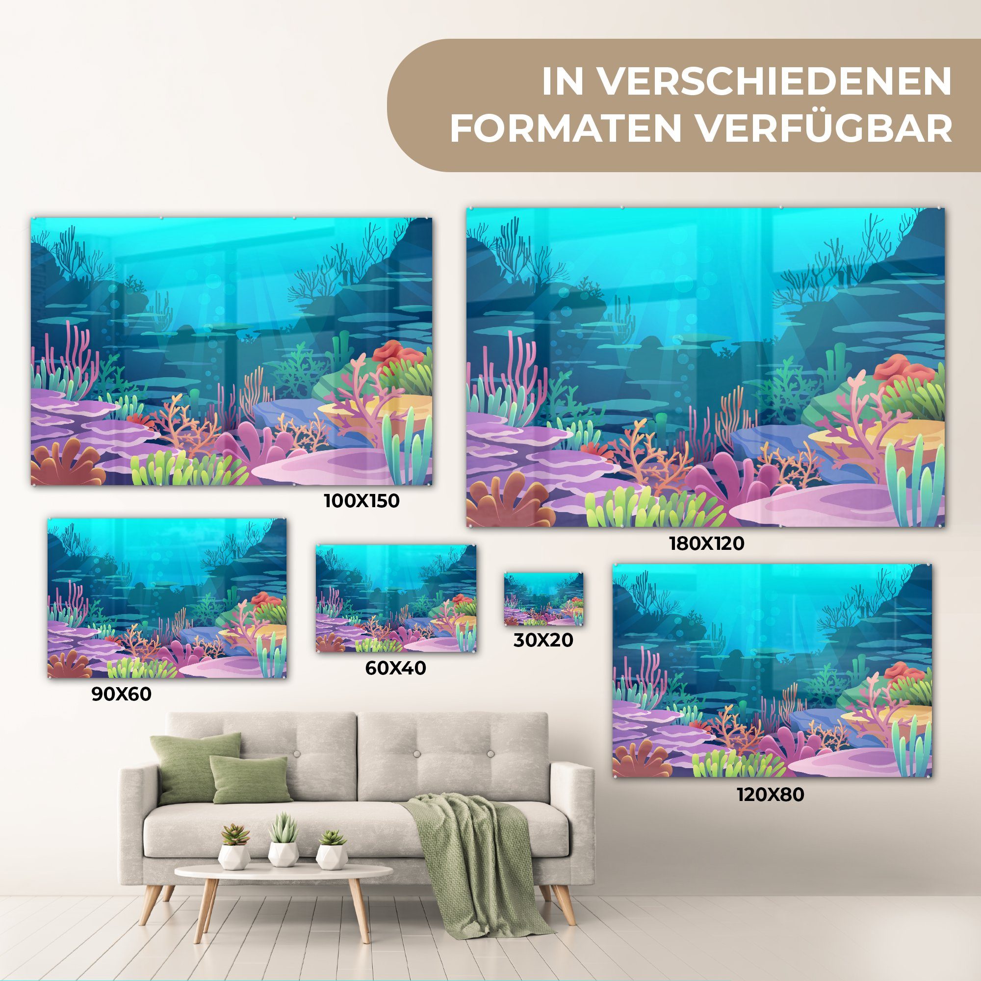 Meer Korallen - Foto (1 - auf Illustration, Glas Unterwasserwelt Wandbild Wanddekoration auf Glas - Acrylglasbild - - Glasbilder St), MuchoWow - Bilder