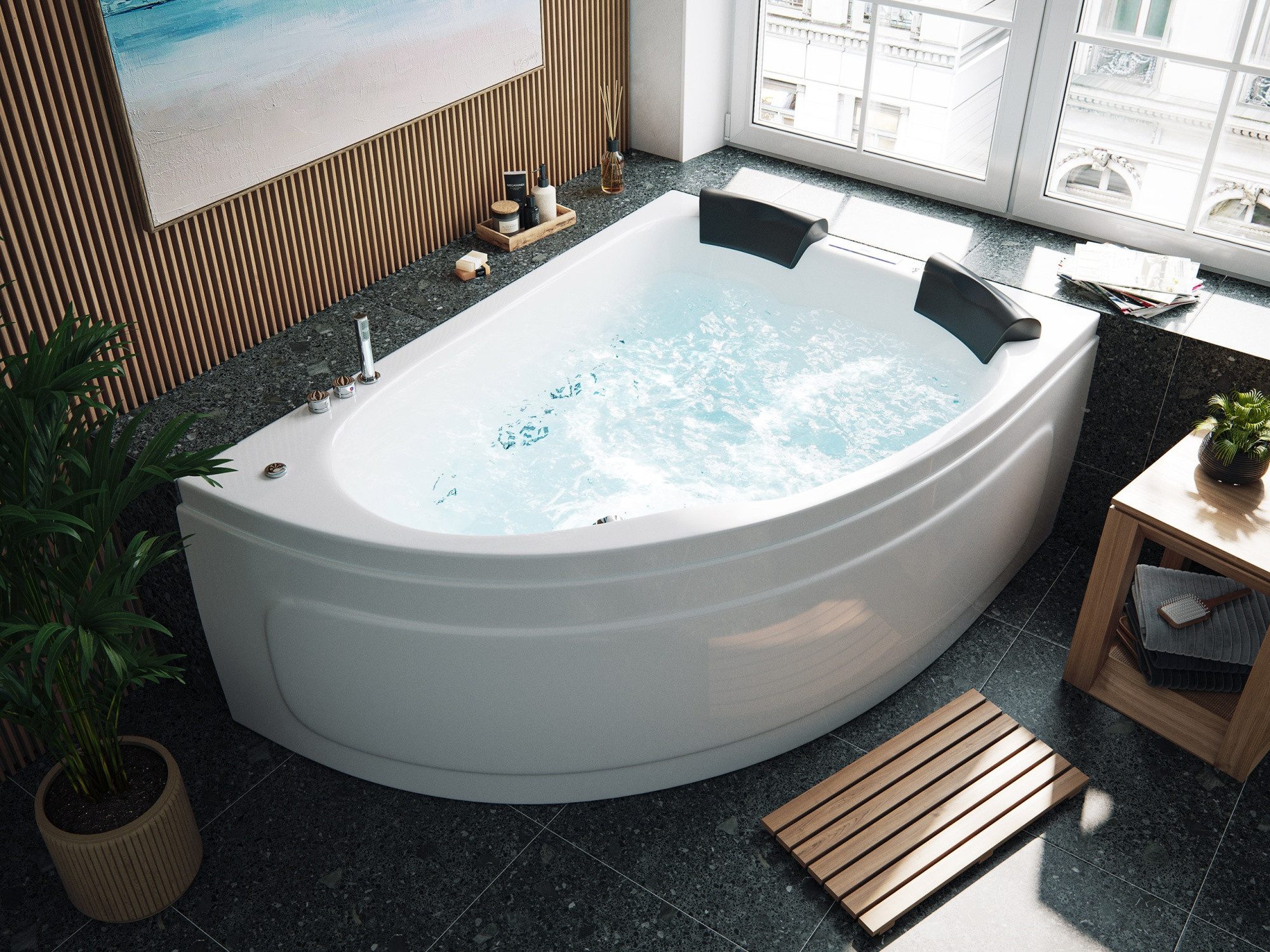 Magnolia Home Whirlpool-Badewanne Deluxe Whirlpool Set Royal XL 1800 ULTRA rechts mit 89 Düsen und LED B