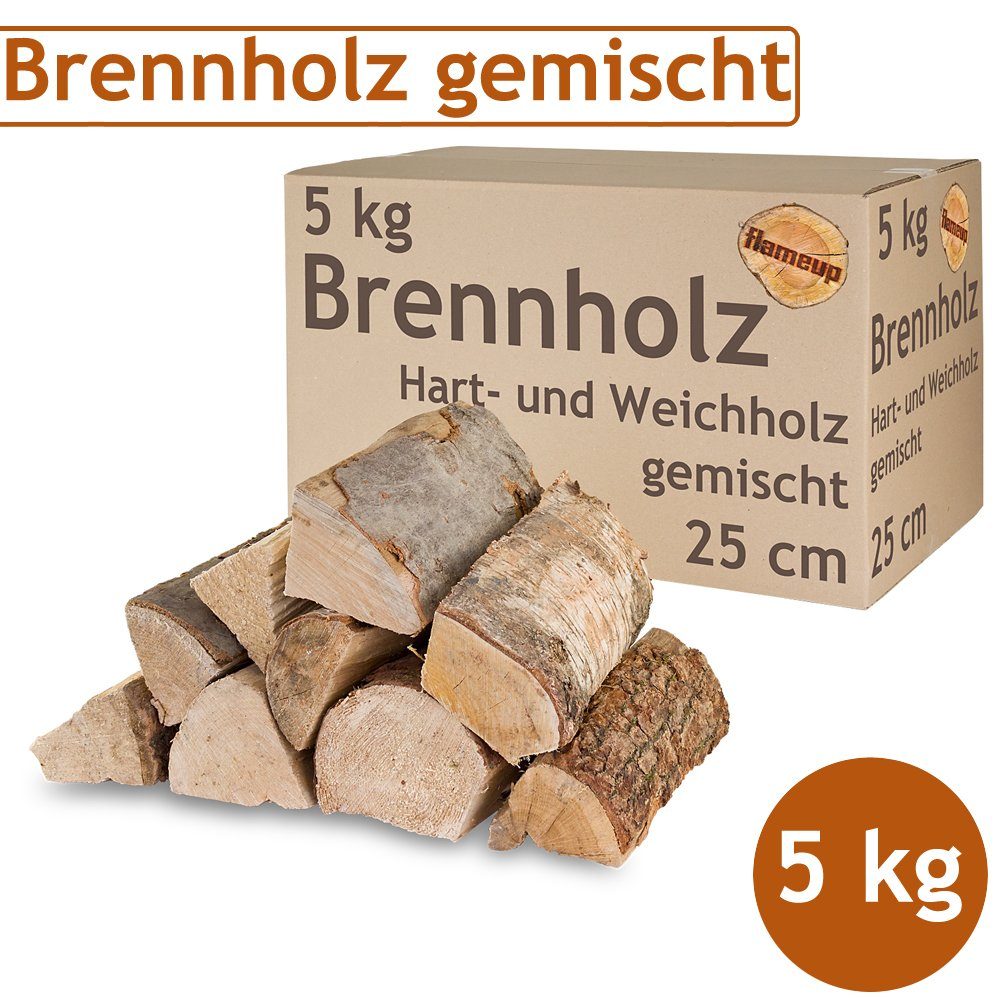 Flameup Kaminholz Brennholz Kaminholz gemischt 5 kg Holz Ofen Hartholz Weichholz 25 cm, 5 kg