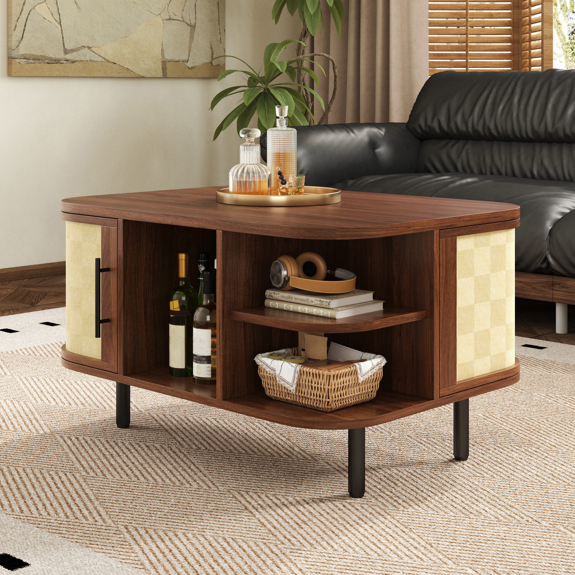 BlingBin Couchtisch Wohnzimmertisch mit offenen Fächern und Seitenschränken (Beistelltisch, 1-St., 80x60x47 cm), geschwungene Form, Geflechtoptik, MDF, Metallgriffe, Nussbaum