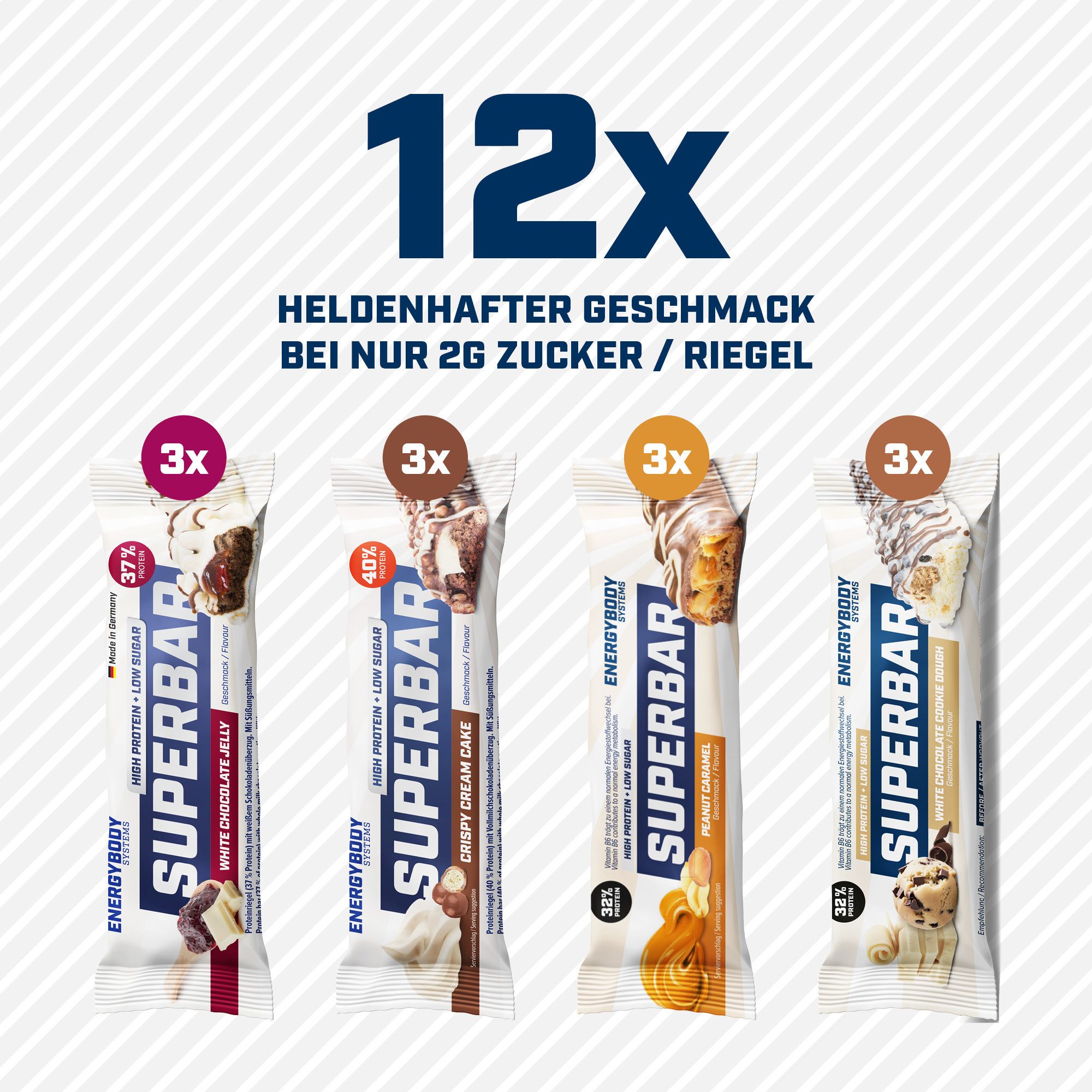 Energybody Systems Superbar Proteinriegel Eiweiß Selection Box Mixbox Riegel, 12 er, zuckerarm