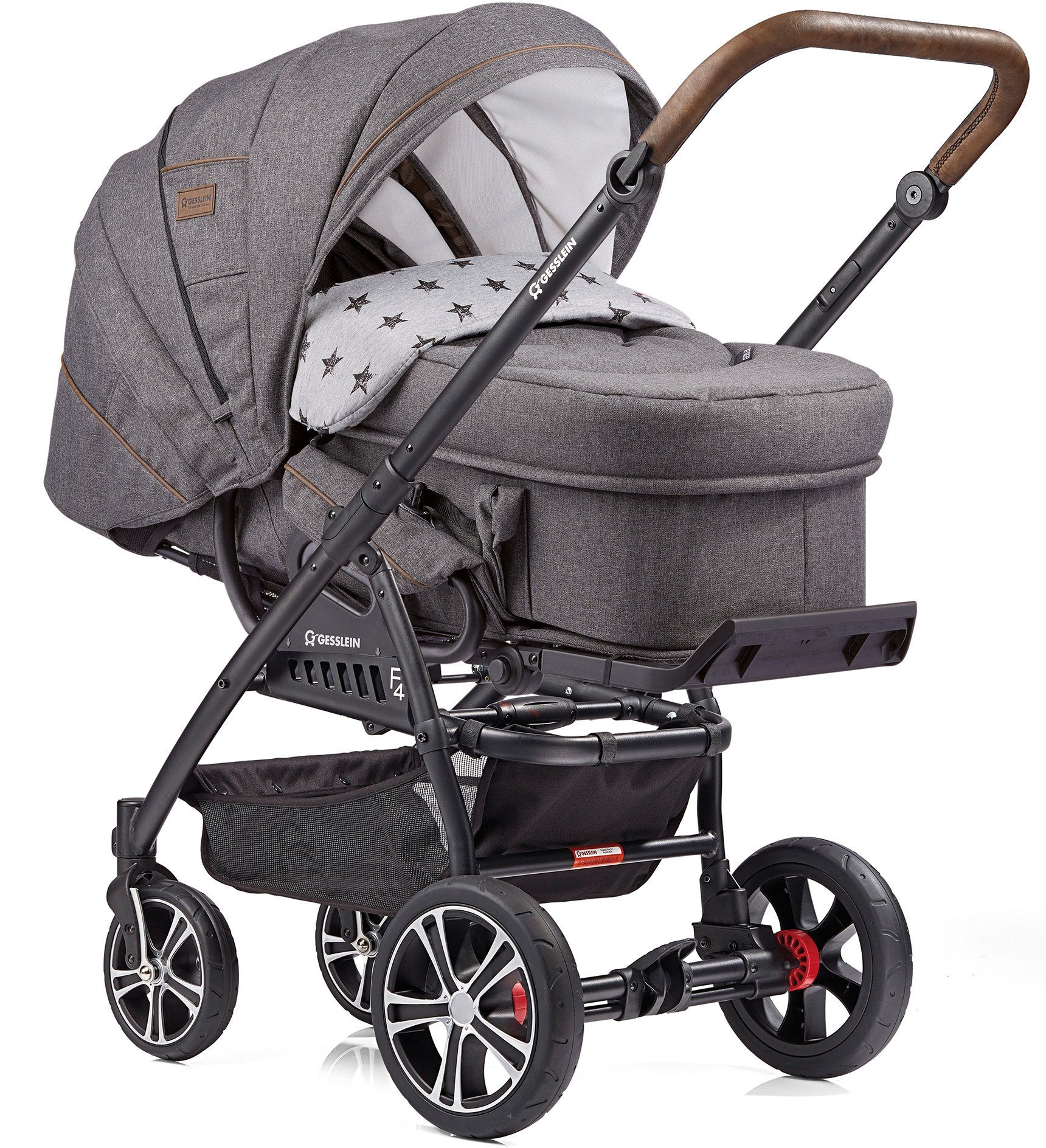 Gesslein Kombi-Kinderwagen F4 Air+, schwarz/tabak, grau meliert/Stern grau meliert, mit Tragetasche C2 Compact; Design & Handarbeit aus Deutschland