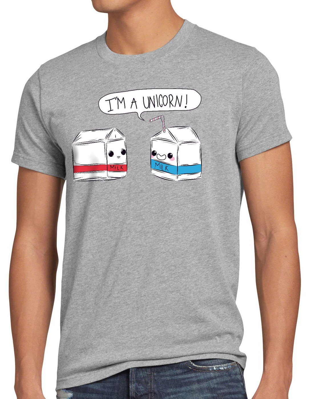 Herren Milk Print-Shirt style3 Unicorn T-Shirt meliert a Spruch grau Milchtüte Funshirt I Einhorn Milch am Fun