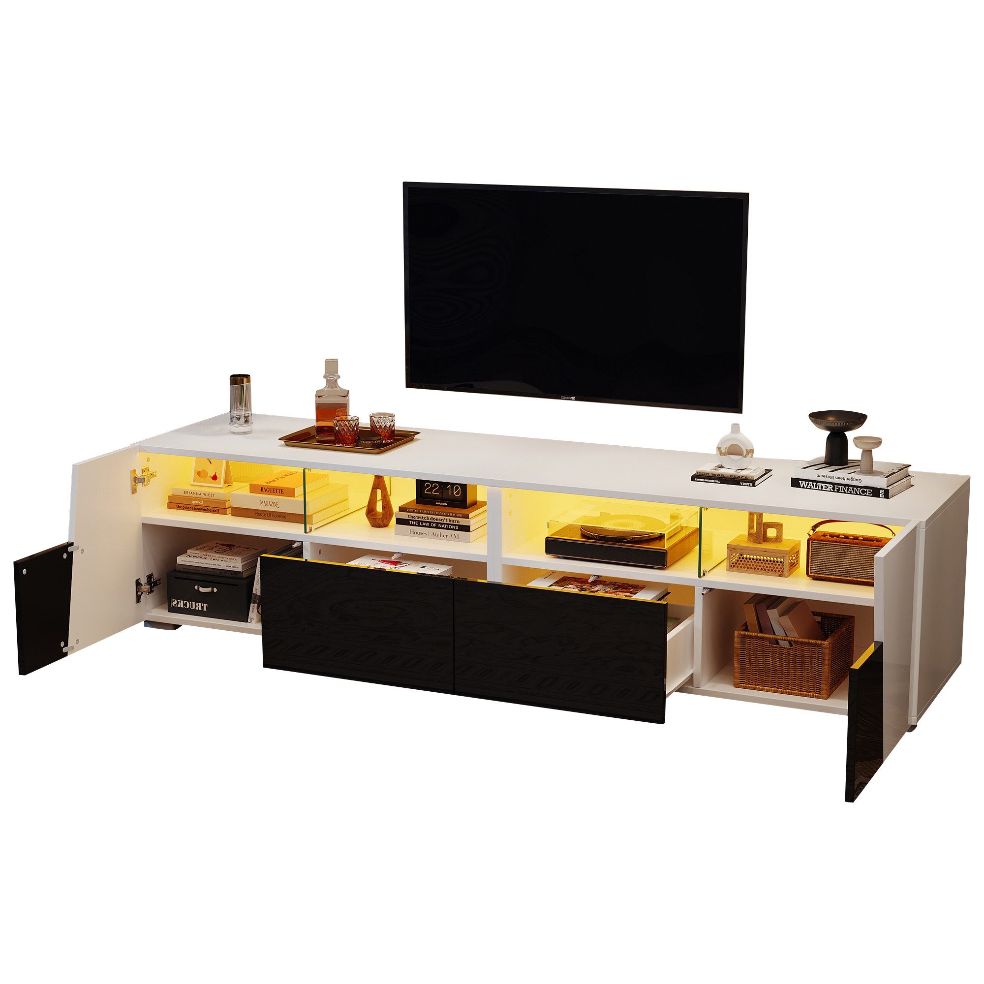 Merax Lowboard Hochglanz TV-Schrank mit LED-Beleuchtung (1 St), Fernsehschrank mit 2 Schubladen, 2 Türen & 4 offenen Fächern, B: 180cm