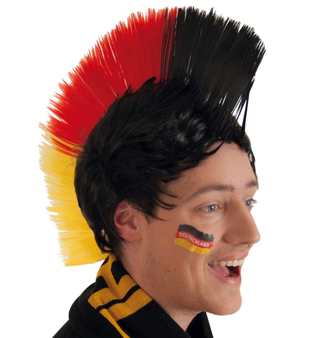 Fries Kostüm-Perücke Irokese Deutschland Fan Perücke Schwarz Rot Gold WM EM Fußball, Deutschlandfarben