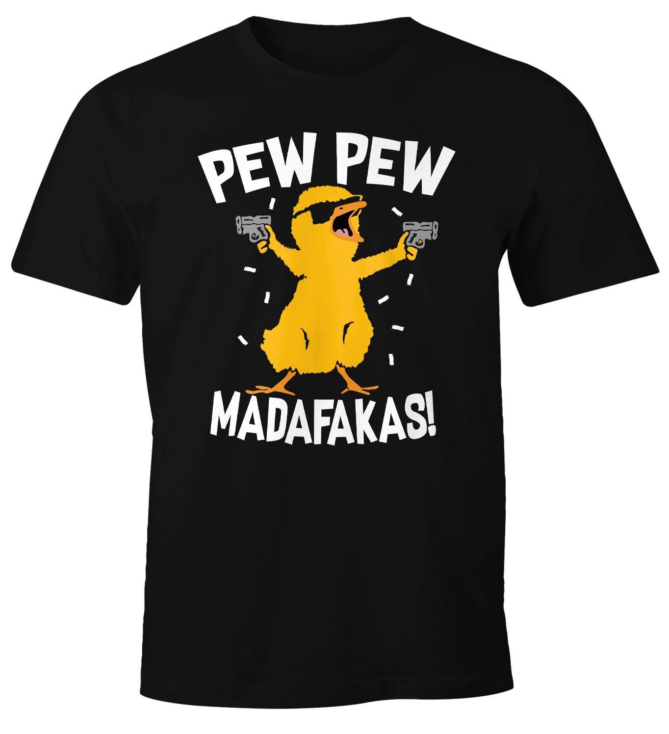 MoonWorks Print-Shirt Herren T-Shirt Pew Pew Madafakas Crazy Chick Küken Meme Spruch Trend Fun-Shirt Moonworks® mit Print schwarz