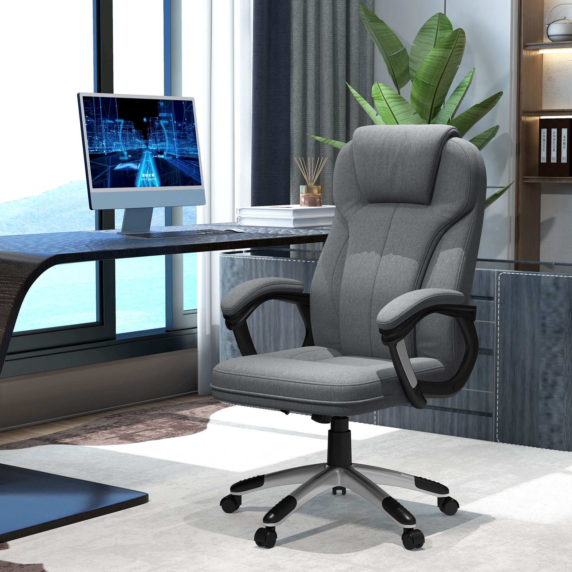 Vinsetto Bürostuhl Computerstuhl Drehstuhl höhenverstellbar Wippfunktion Ergonomisch (Drehstuhl, 1 St), Leinenoptik Grau 66 x 75 x 110–120 cm