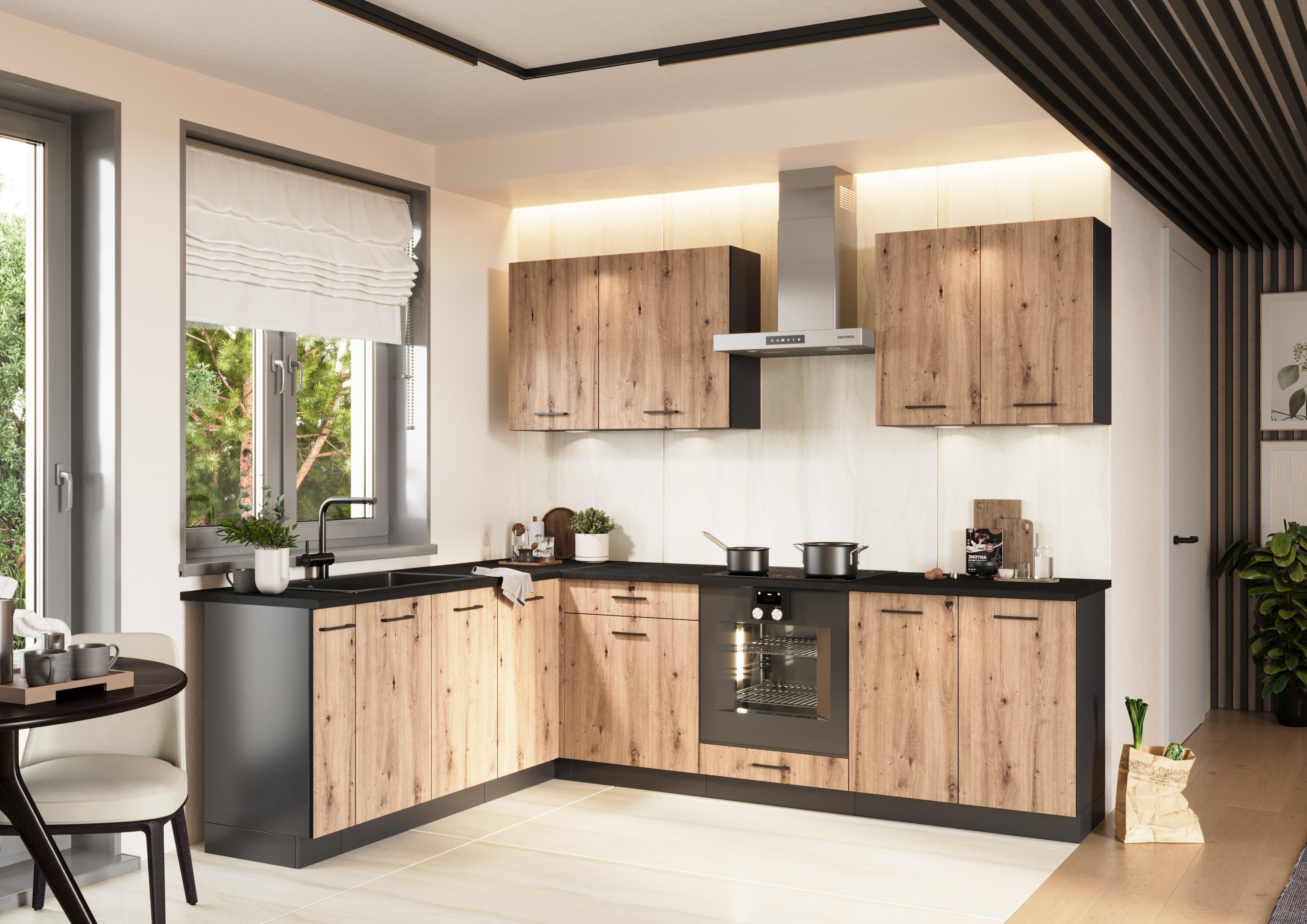 Möbel für Dich Winkelküche Eckküche in L-Form Anika 260x200 cm, 9-teilig, mit Apothekerschrank