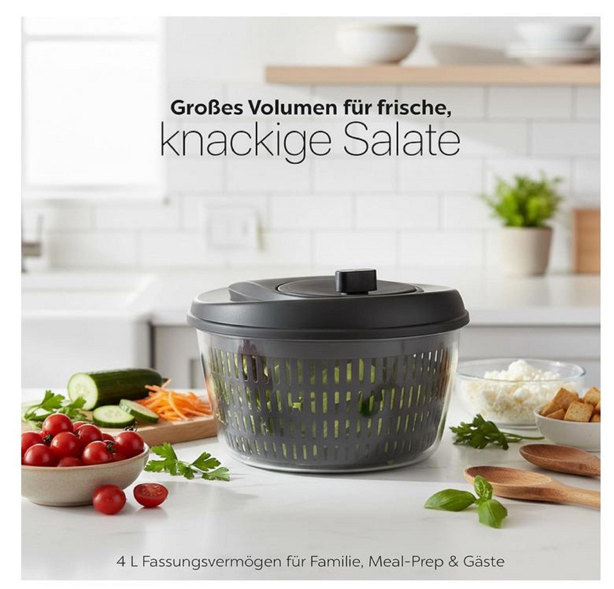 Lomatek Salatschleuder Salatschleuder 4 L – mit Kurbel, Siebeinsatz & Rutschfester Basis