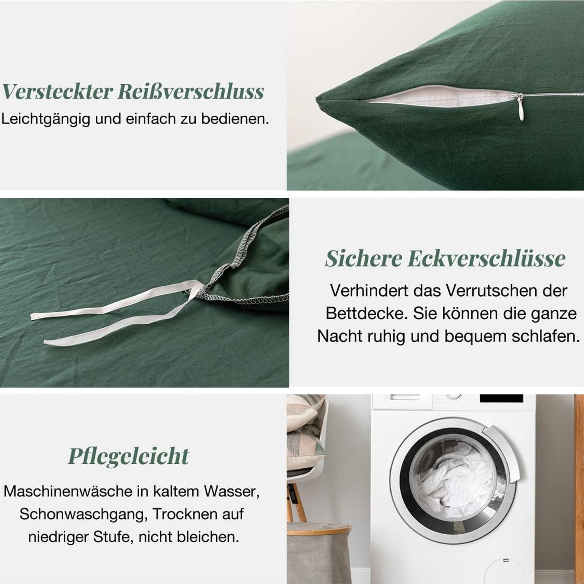 ibettertec Bettwäsche Bettwäsche 135x200cm,200x200cm Bettwäsche-Sets Dunkelgrün, Atmungsaktiv Bettbezug mit Reißverschluss und Kissenbezug 80x80cm – Bild 5 von 5