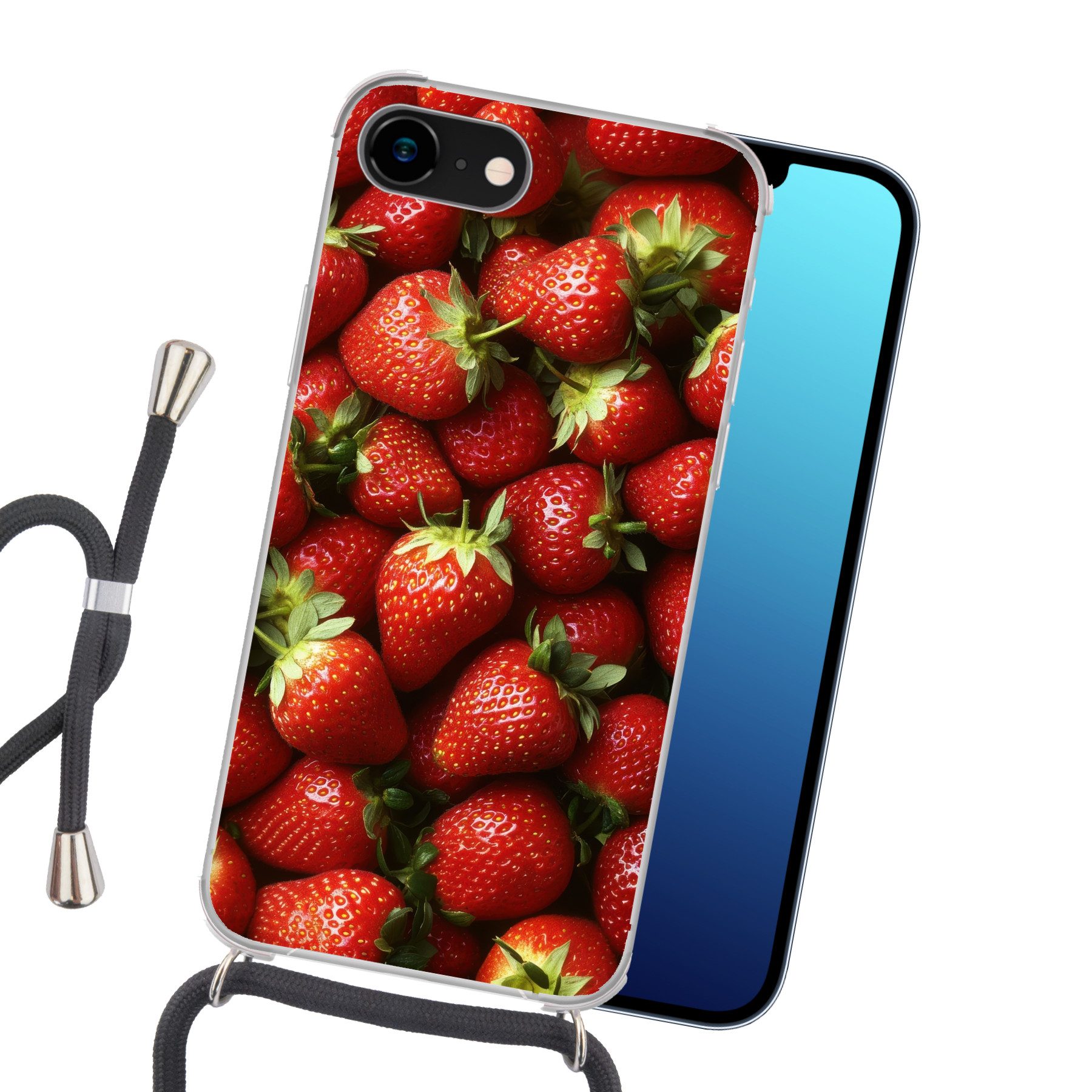MuchoWow Handyhülle für Apple iPhone 8 Erdbeere - Obst - Rot, Tragbare Handyhüllen mit Kette zum umhängen, Handykette Handyband