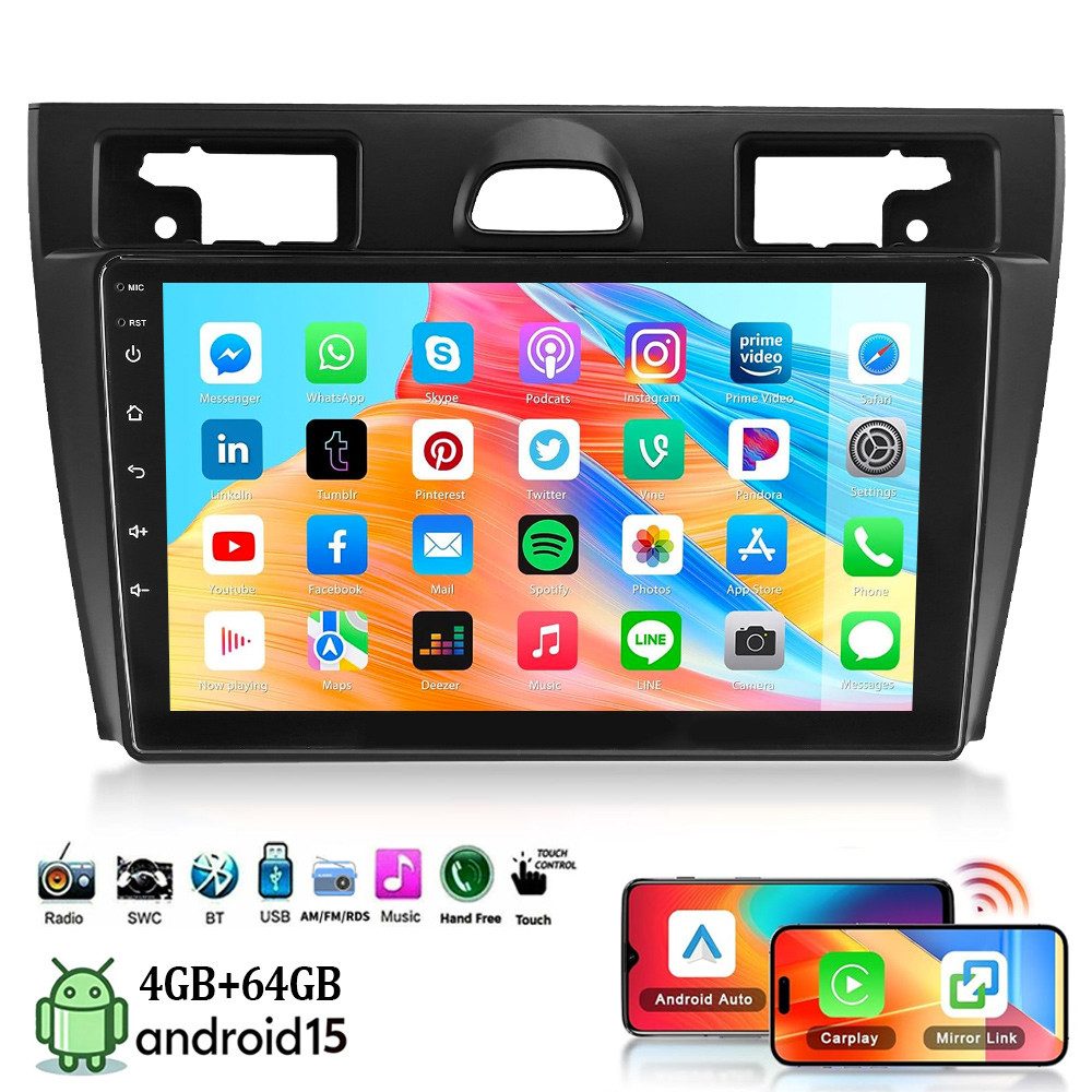 ESSGOO DAB+ Für Ford Fiesta V 2002-08 JD,JH Android15 Autoradio Carplay Navi Autoradio (4+64GB(optional), DAB+ (optional), Touchscreen Mirror Link SWC,FM,RDS,AM,WMA,USB)
