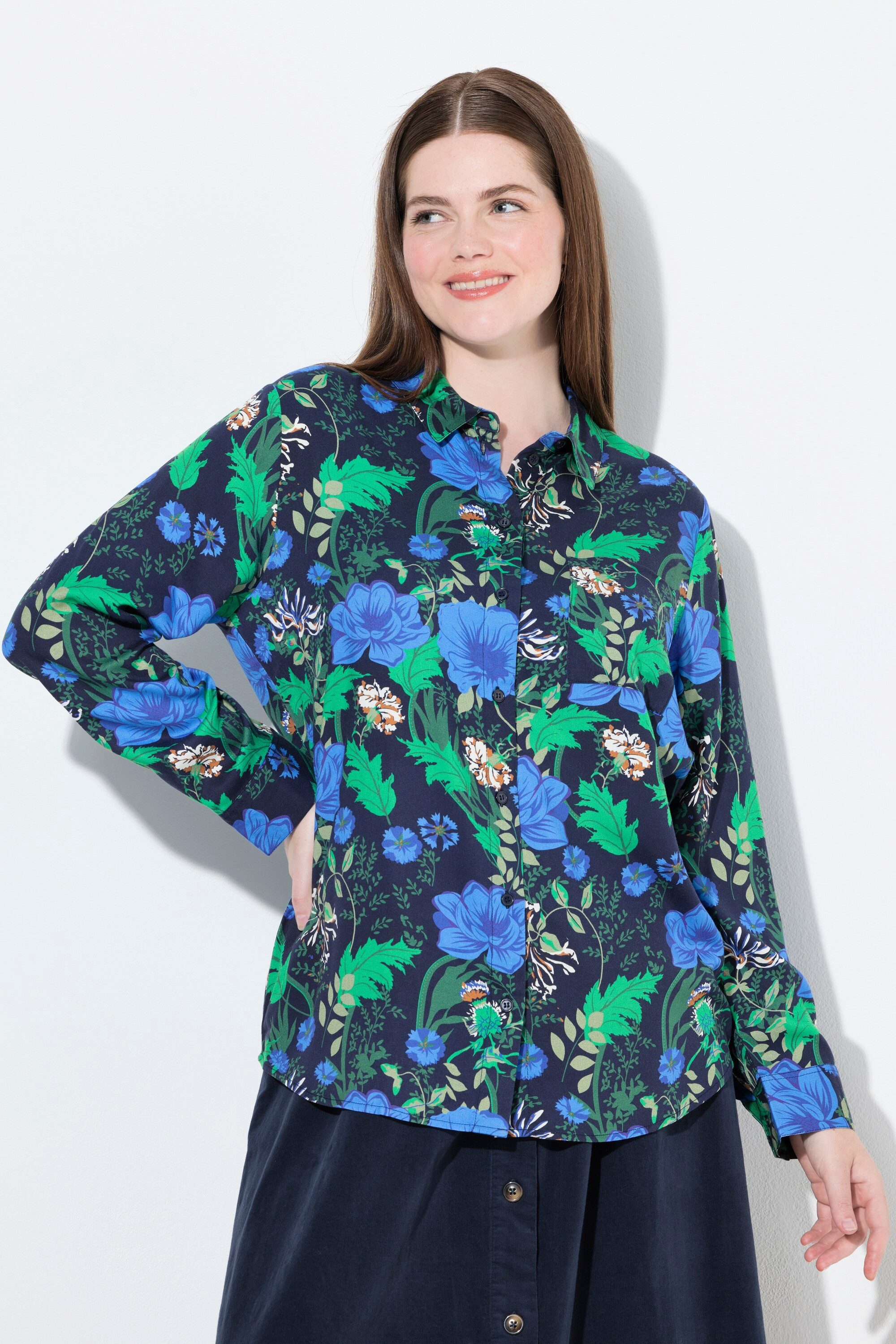 Ulla Popken Hemdbluse Hemdbluse Landhausdruck Hemdkragen Langarm