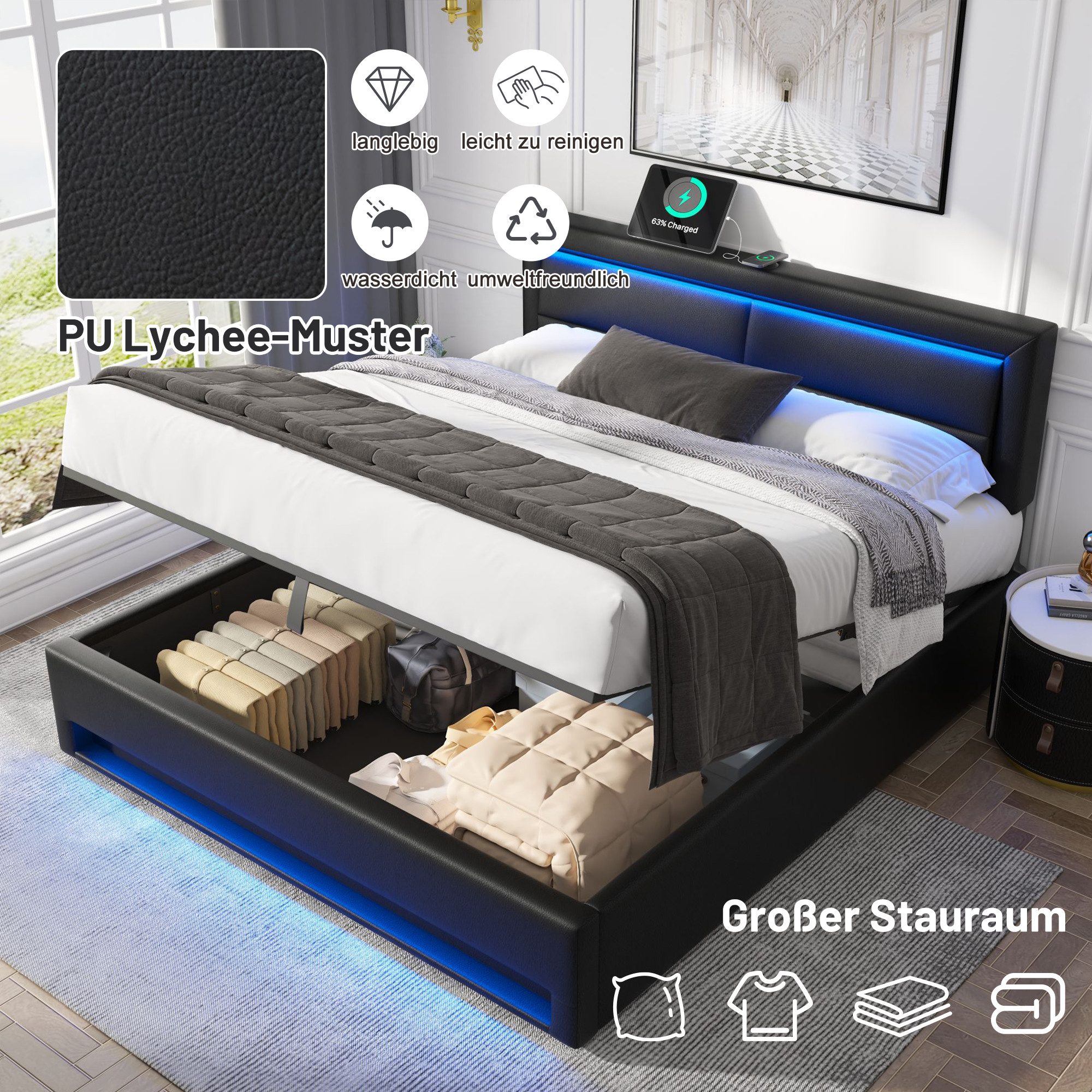 Flieks Polsterbett, LED Doppelbett 140x200cm mit USB-Anschluss und hydraulischem Stauraum