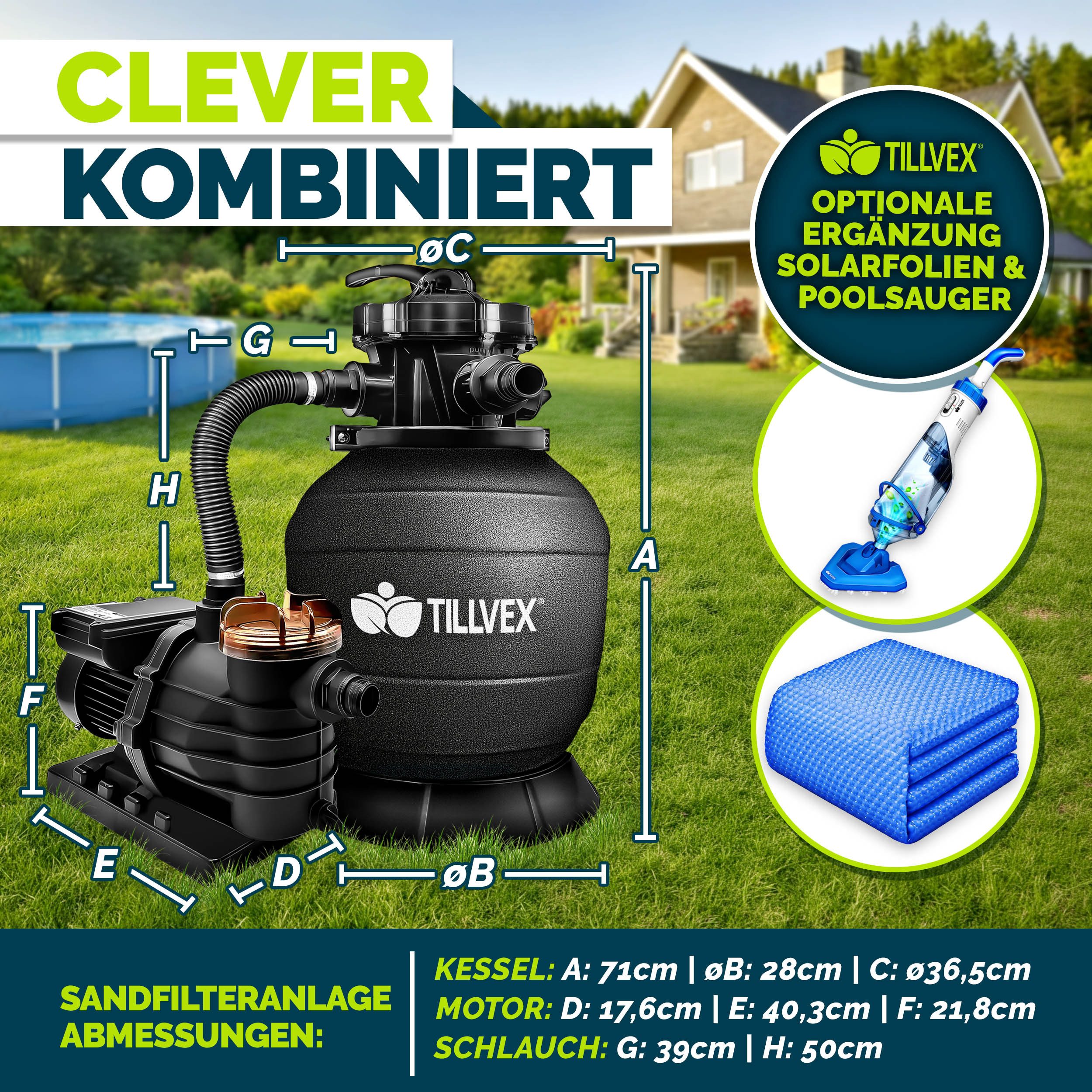 tillvex Sandfilteranlage tillvex Sandfilteranlage 13.200L/h mit 1200g Filterbällen + Pumpe (Poolfilter Selbstansaugend Sandfilter Schwimmbecken, Filteranlage 7-Wege Ventil & 2in1 Adapter Ø32-38mm), Pool 13.200L/h bis 40.000L + 1200g Filterbälle