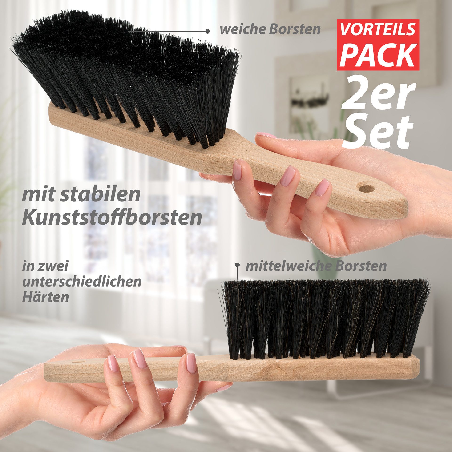 Hausfelder Kehrgarnitur Handfeger 2er Set Indoor, 2 x Handbesen weiche/mittelweiche Borsten, (Set), feine Borsten, Kunsthaar-Mix, für alle Böden – Bild 2 von 5