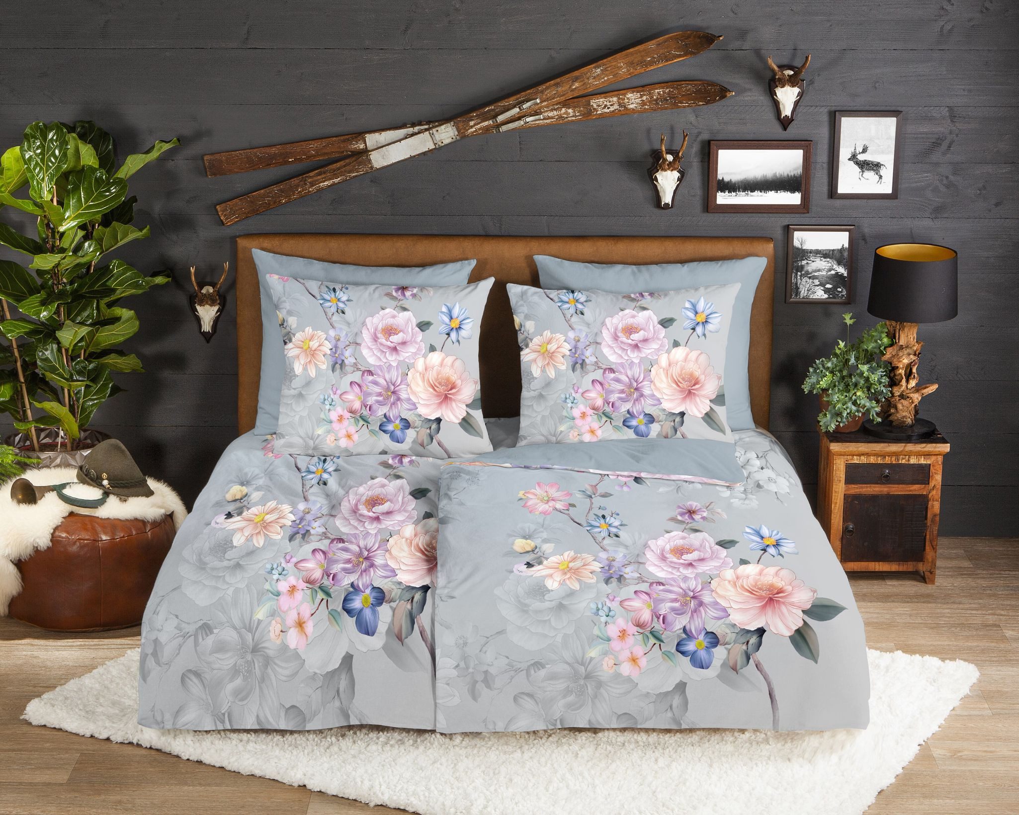 JACK Wendebettwäsche 135x200cm, Blütenzauber Blaugrau, Flanell, günstig online kaufen