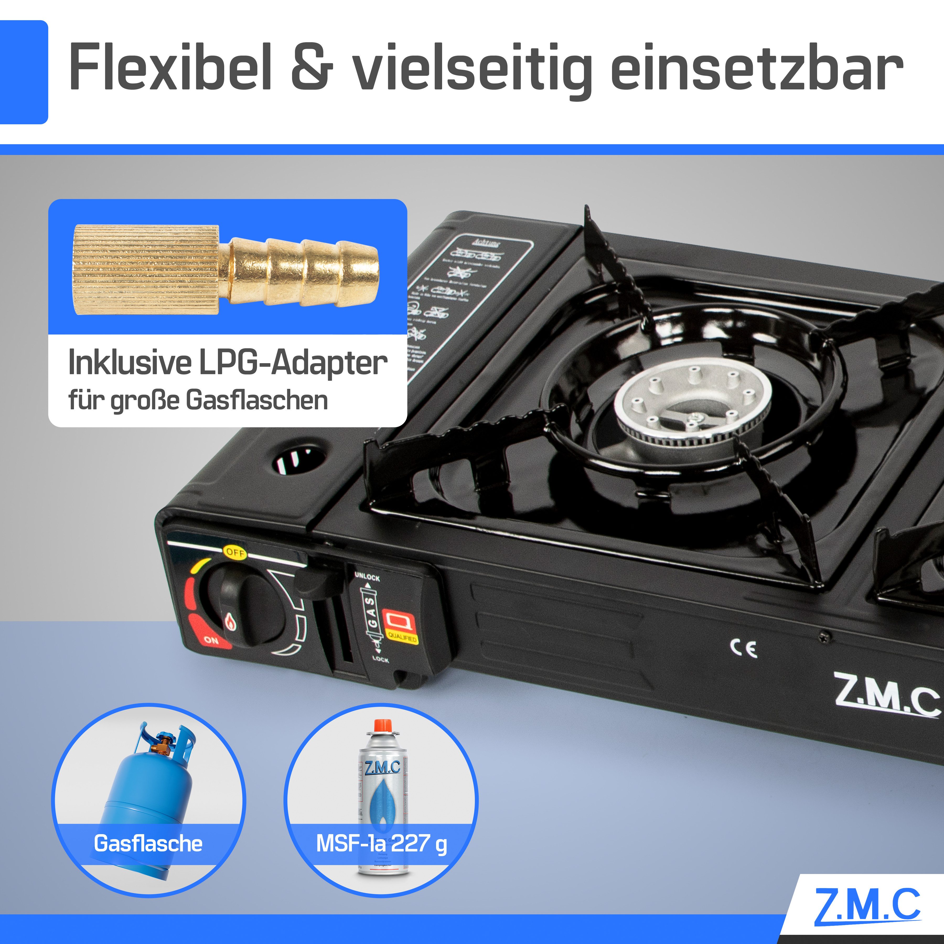 ZMC Gaskocher Doppel Campingkocher Gaskocher 2 Flammig + Gaskartuschen 227g, (mit automatische Piezo-Zündung Wärmeleistung: 2,3KW, inkl. Adapter für LPG Anschlu – Bild 5 von 5