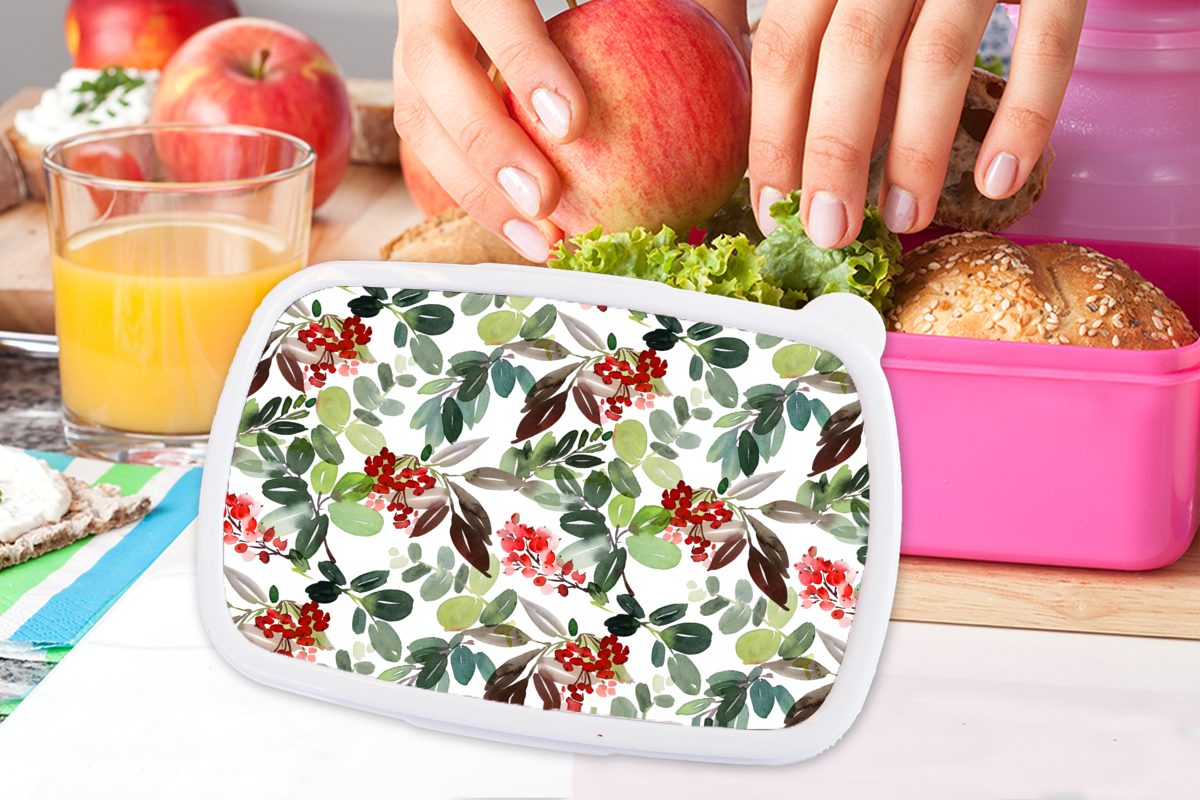 Beeren Brotdose Lunchbox Erwachsene, Kunststoff - rosa Snackbox, Brotbox Aquarell, Mädchen, Weihnachten Kunststoff, Kinder, - (2-tlg), für MuchoWow