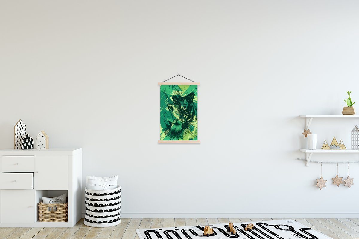 MuchoWow Poster Tiger - Abstrakt - Grün, (1 St), Posterleiste, Textilposter für Wohnzimmer, Bilderleiste, Magnetisch