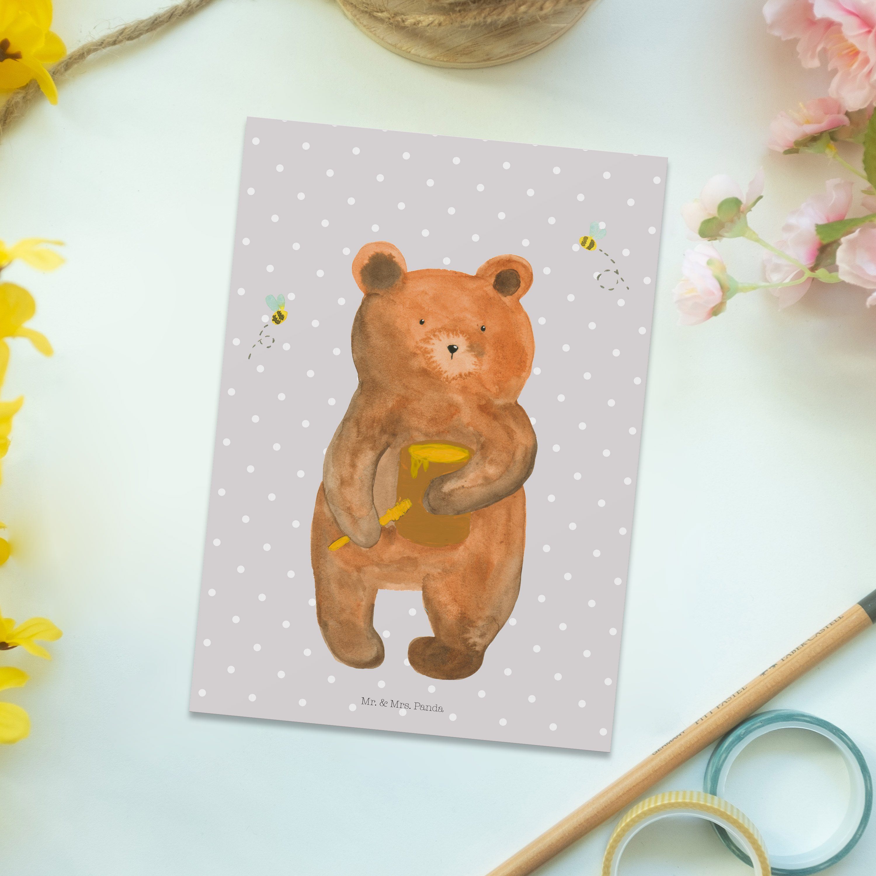 Postkarte Honigbär Einladungskarte, Teddy - - Mr. Panda Mrs. Partner, & Geschenk, Pastell Grau