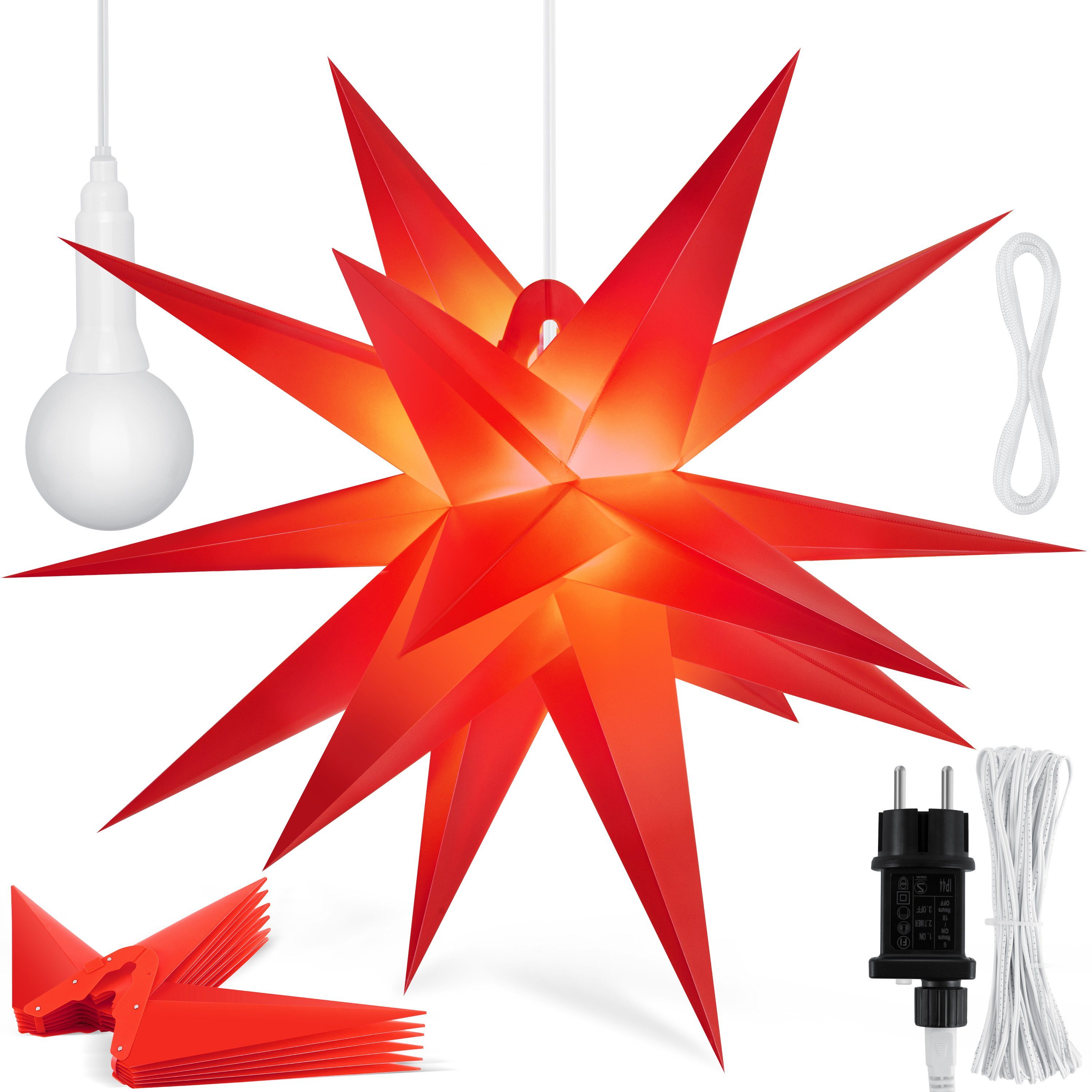 KESSER Weihnachtsfigur, Leuchtstern 3D, LED Weihnachtsstern mit Timer Innen u. Außen rot