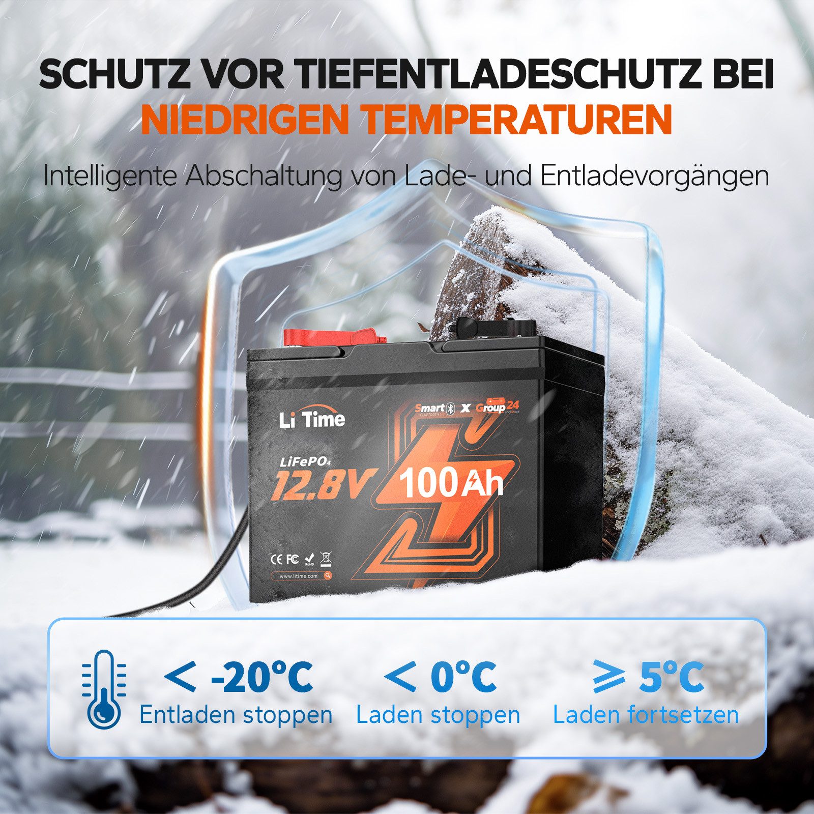 LiTime 12V 100Ah LiFePO4 Batterie der Gruppe 24 mit Bluetooth Solarakkus (12 V), Solarspeicher für Mini Camper Boot, 260x168x210 mm