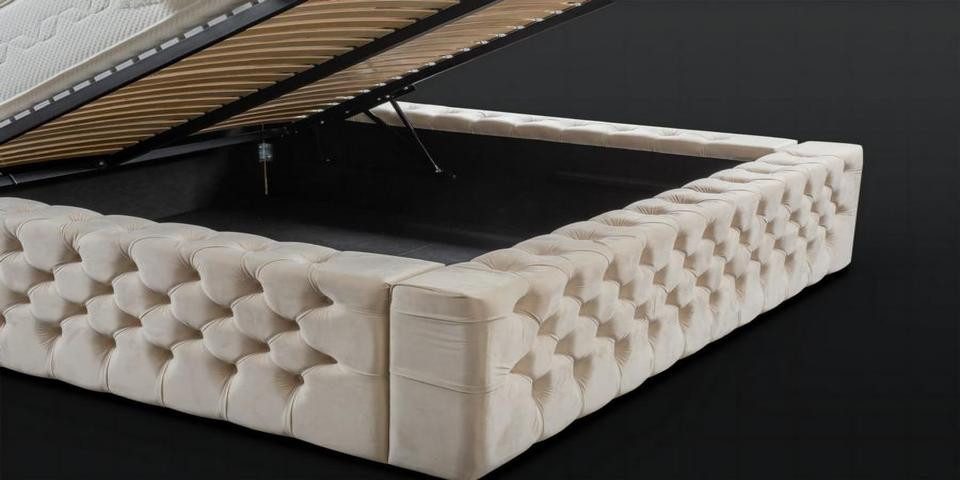 JVmoebel Polsterbett Chesterfield Doppelbett in Beige Leder Samt Stoff (1-tlg., Bett), Made in Europa