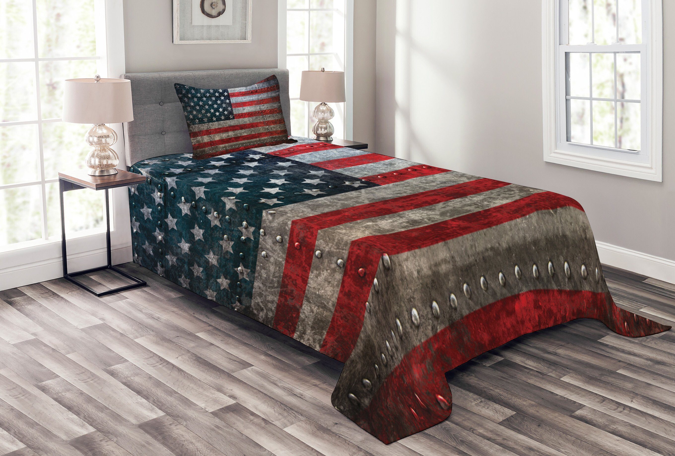 Tagesdecke Set mit Kissenbezügen Waschbar, Abakuhaus, Amerikanische Flagge US-Flaggen-Platte