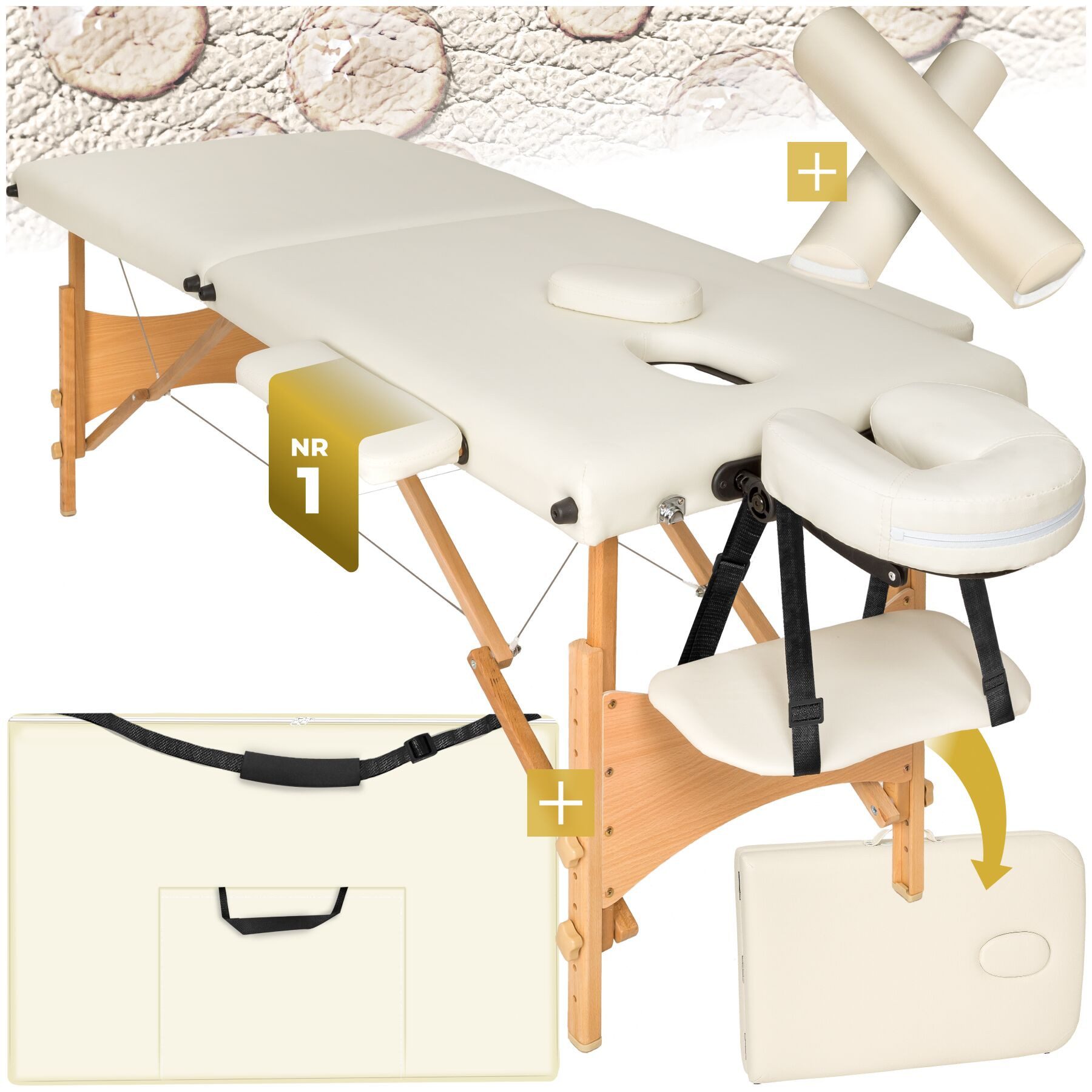 tectake Massageliege 2-Zonen-Massagetisch-Set, Maße: 210 x 95 x 84 cm, Polsterung 5 cm (Kosmetikliege Freddi, 1-St., in beige), Breite 61 cm, Lagerungsrollen & Tragetasche, klapp- & höhenverstellbar