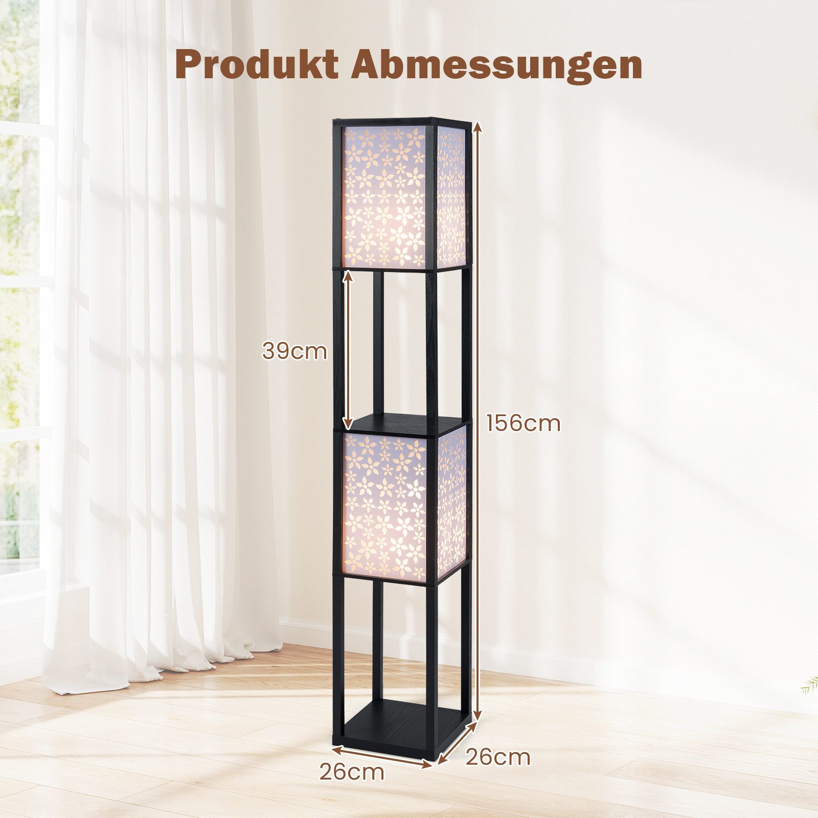 COSTWAY Stehlampe, 156cm Holzregal, Fußschalter, Blumen Muster-Lampenschirmen