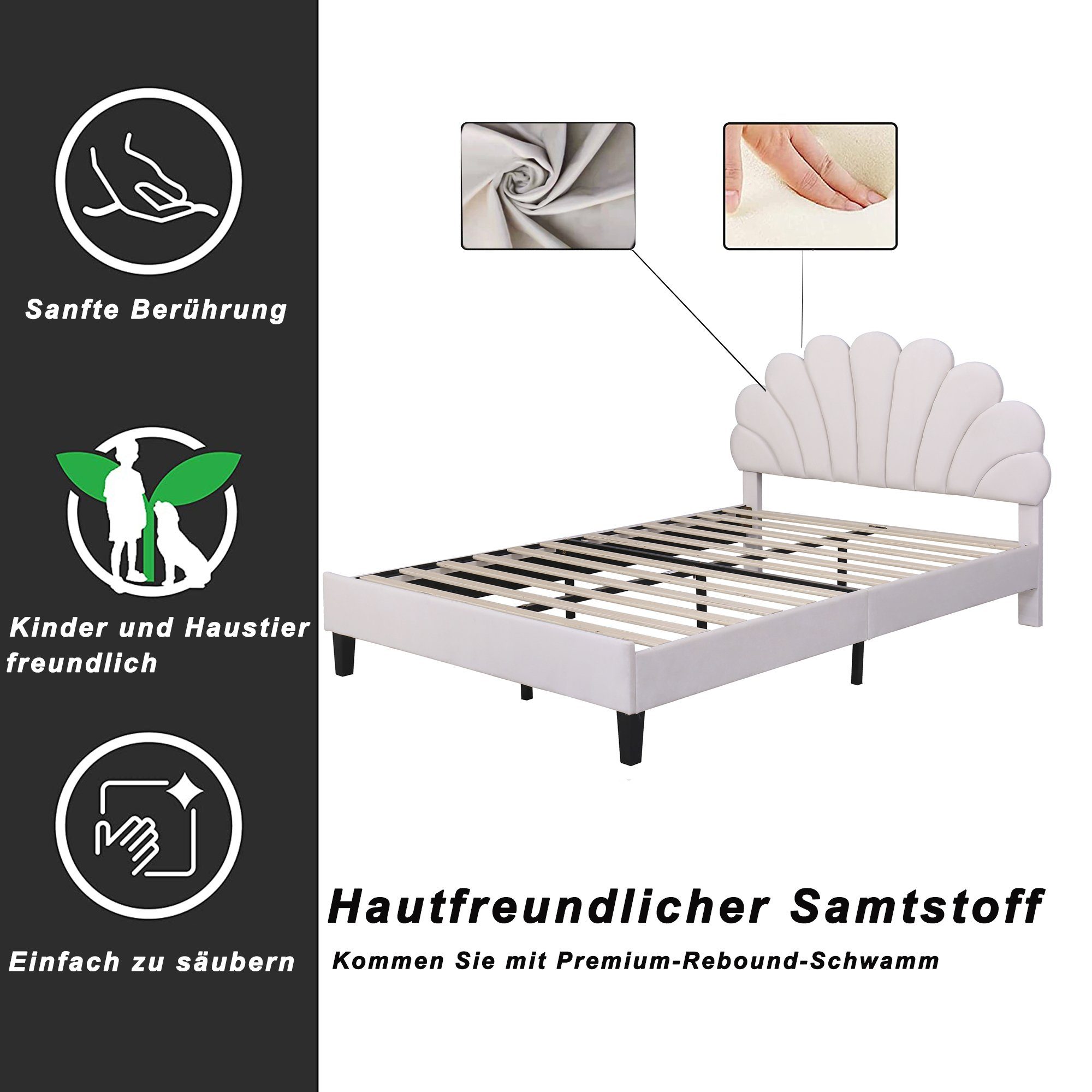 Polsterbett (Doppelbett), Kinderbett mit Blumenform-Kopfteil, Samt, 140x200cm