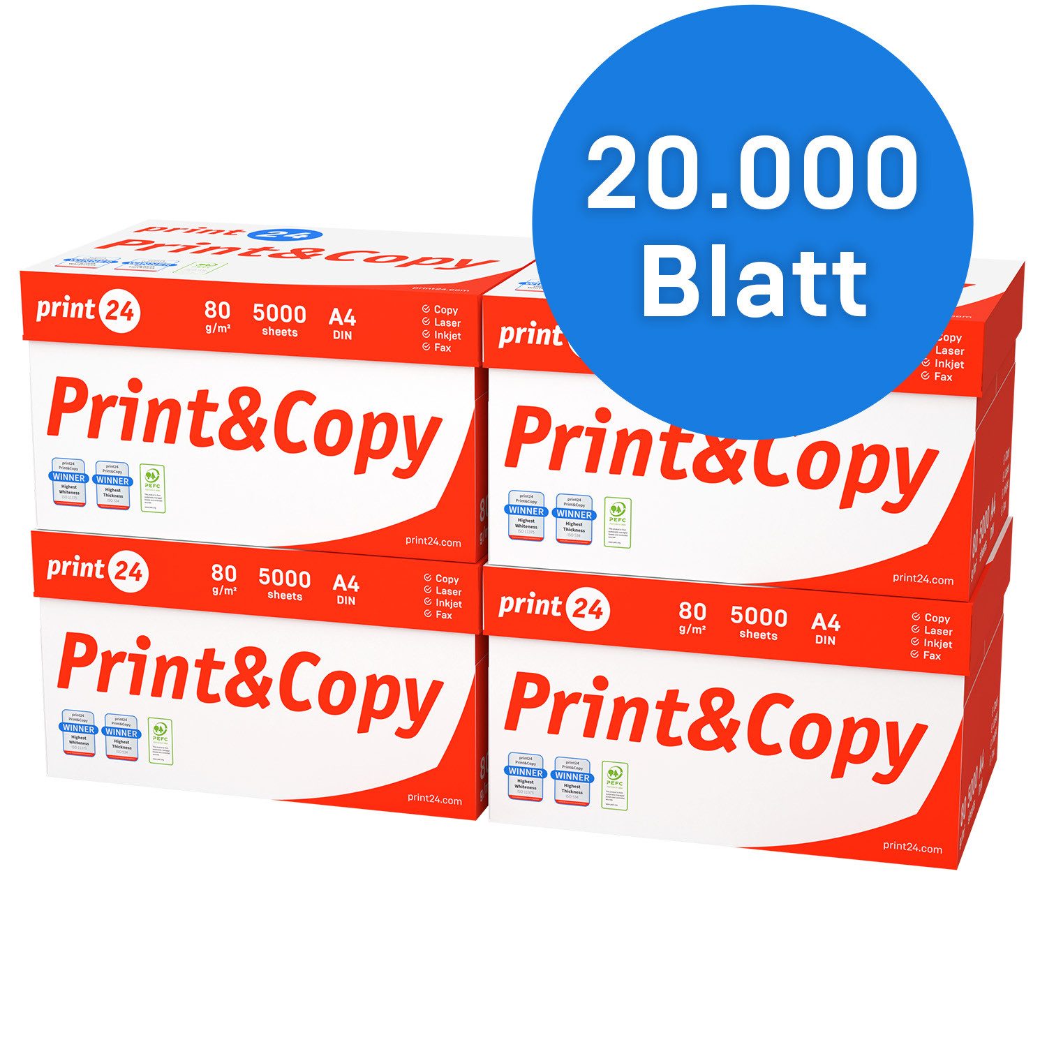 print24 Druckerpapier Kopierpapier 20000 Blatt A4 80g Premium Weiß PEFC zertifiziert
