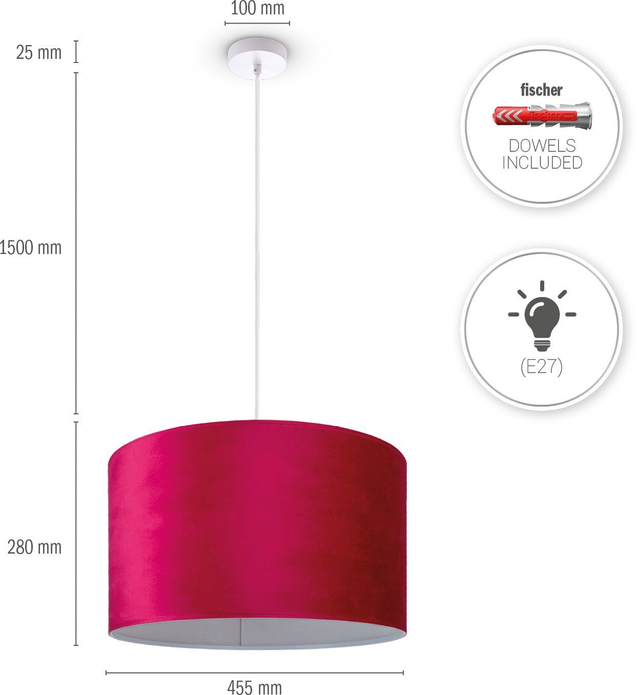 E27 Deko Unifarben Wohnzimmer uni Velour Hugo Lampenschirm Paco Home Color, aus Pendelleuchte Kabel Leuchtmittel, ohne 1,5m
