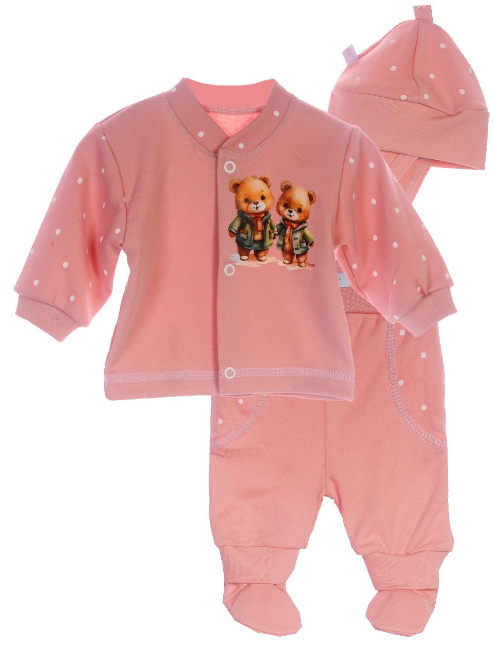 La Bortini Langarmshirt & Hose Baby Anzug Hemdchen Schlupfhose Mütze Set mit Bärchen Aufdruck aus Baumwolle, mit Sternen oder Punkten Muster und Bären Aufdruck