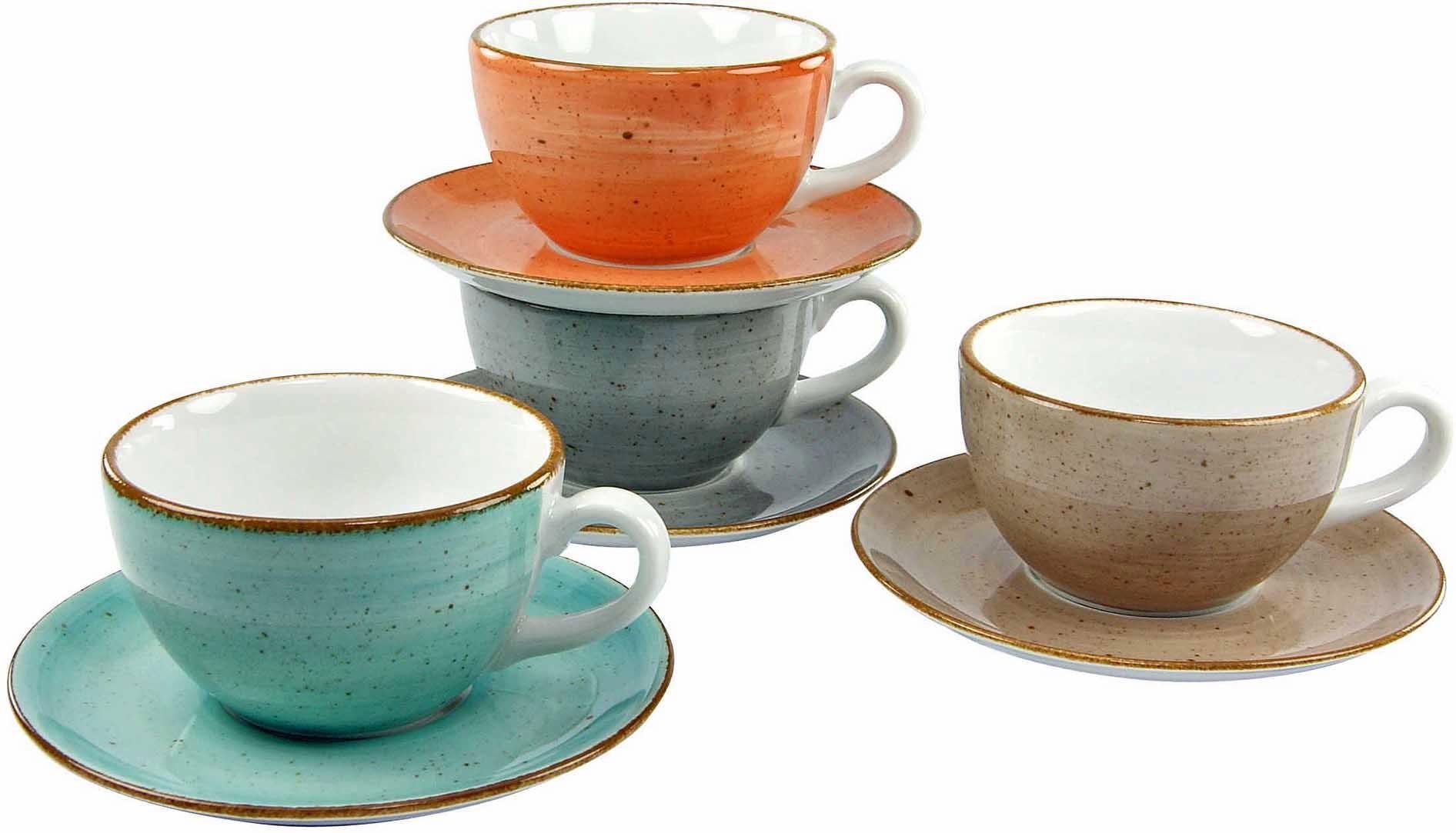 creaTable Cappuccinotasse Kaffeetasse VINTAGE NATURE, 8-tlg., Porzellan, Tassen Set, 4 Tassen, 4 Untertassen