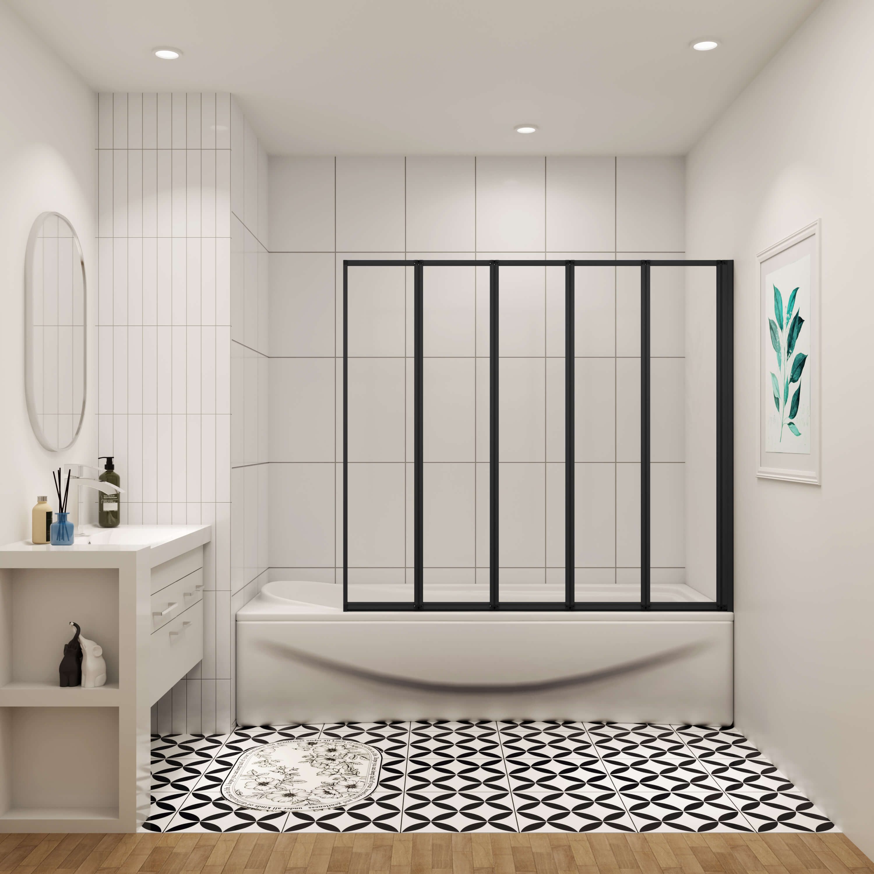 AICA Badewannenfaltwand 4mm 5-teilig schwarz Duschwand Trennwand Faltwand , Einscheibensicherheitsglas, Sicherheitsglas, (links und rechts montierbar), mit Antikalk-Versiegelung,ebenerdiger Einbau möglich