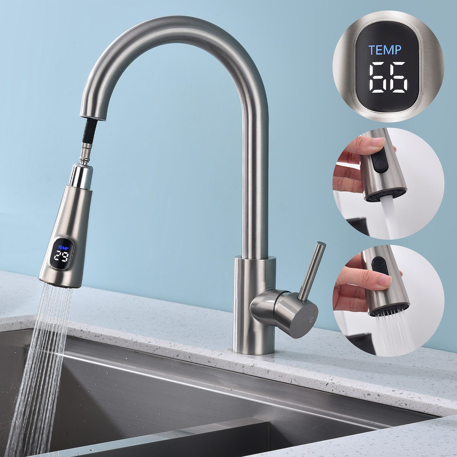 HOMELIVE Spültischarmatur mit brause ausziehbar 360° Küchenarmatur LED Digi günstig online kaufen