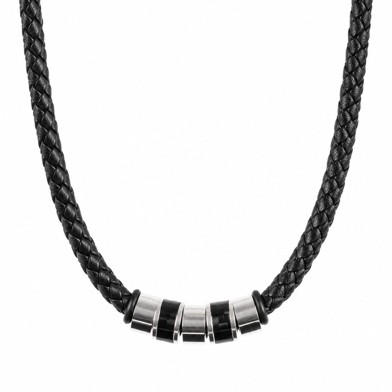 David Galvani Kette mit Anhänger Herren Lederkette Schwarz Echtleder Edelstahl-Beads 5 mm geflochten, Handmade in Deutschland