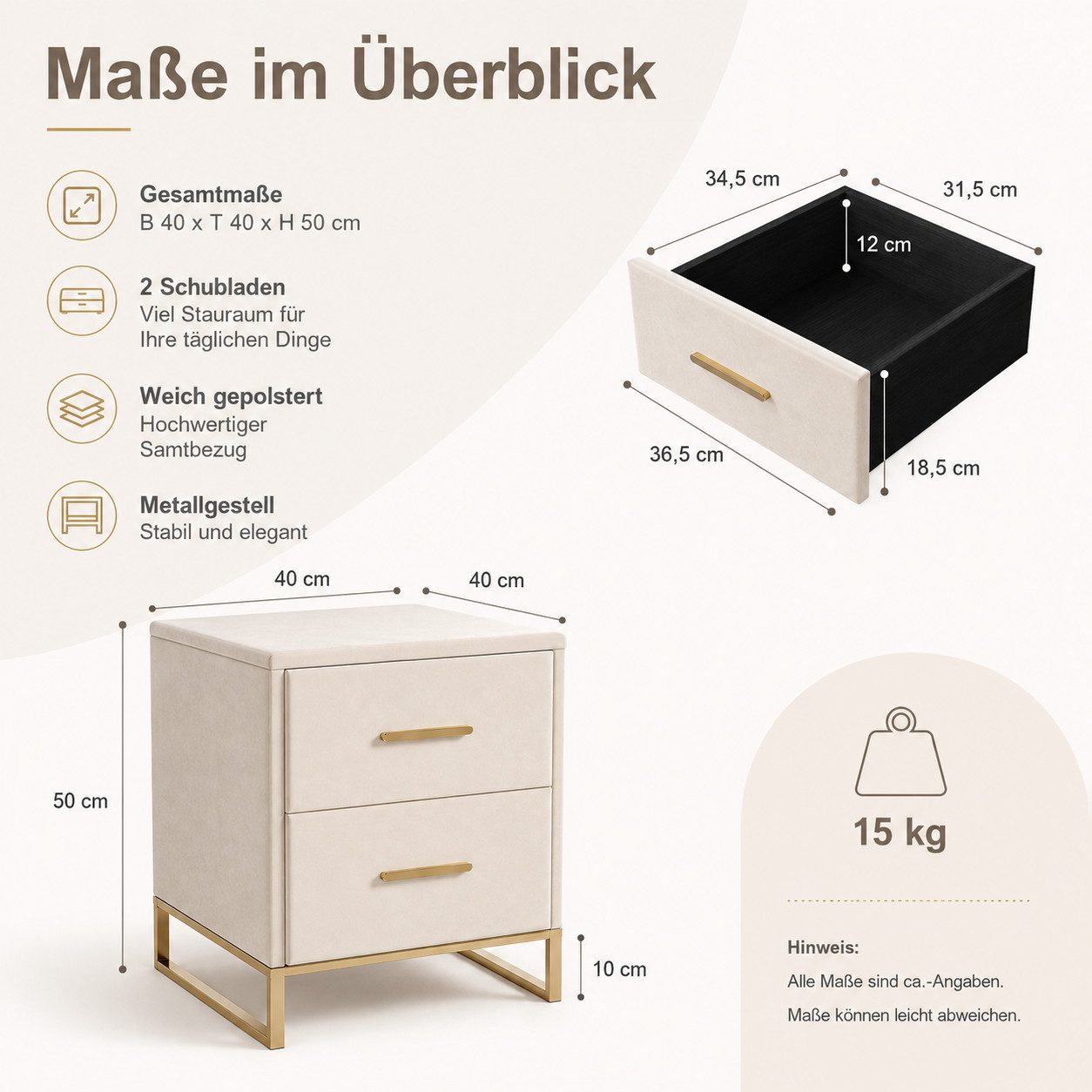 Simurq Nachttisch Nachtkommode 2er Set mit 2 Schubladen, Samt Beige 40x40x50 cm (2-teiliges Set, 2-St., 2 Nachttische als Set), 2er-Set, Samtoptik, zwei Schubla – Bild 2 von 5