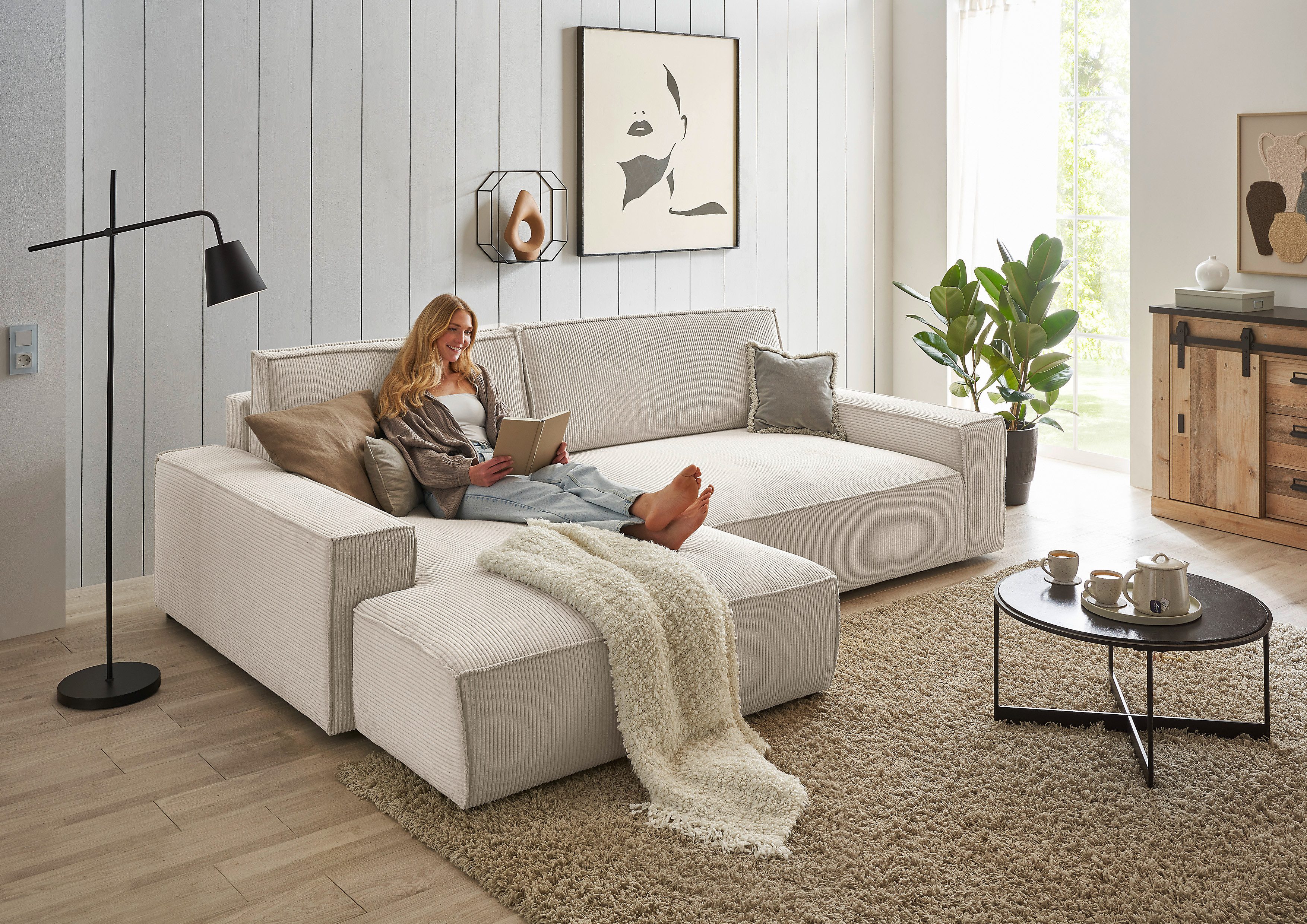 OTTO home Ecksofa SHERWOOD XXL Cord 284, Big-Sofa L-Form, tiefe Sitzfläche 95 cm, Recamiere rechts/links, als Schlafsofa stellbar, Cord u. Leinenoptik