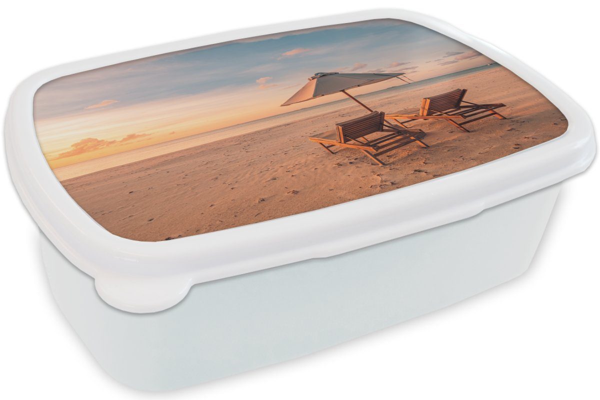 Erwachsene, MuchoWow Strand Mädchen Kunststoff, Lunchbox Brotdose, Kinder weiß - Sonnenliege (2-tlg), für und Brotbox und - Sonnenschirm, Jungs für