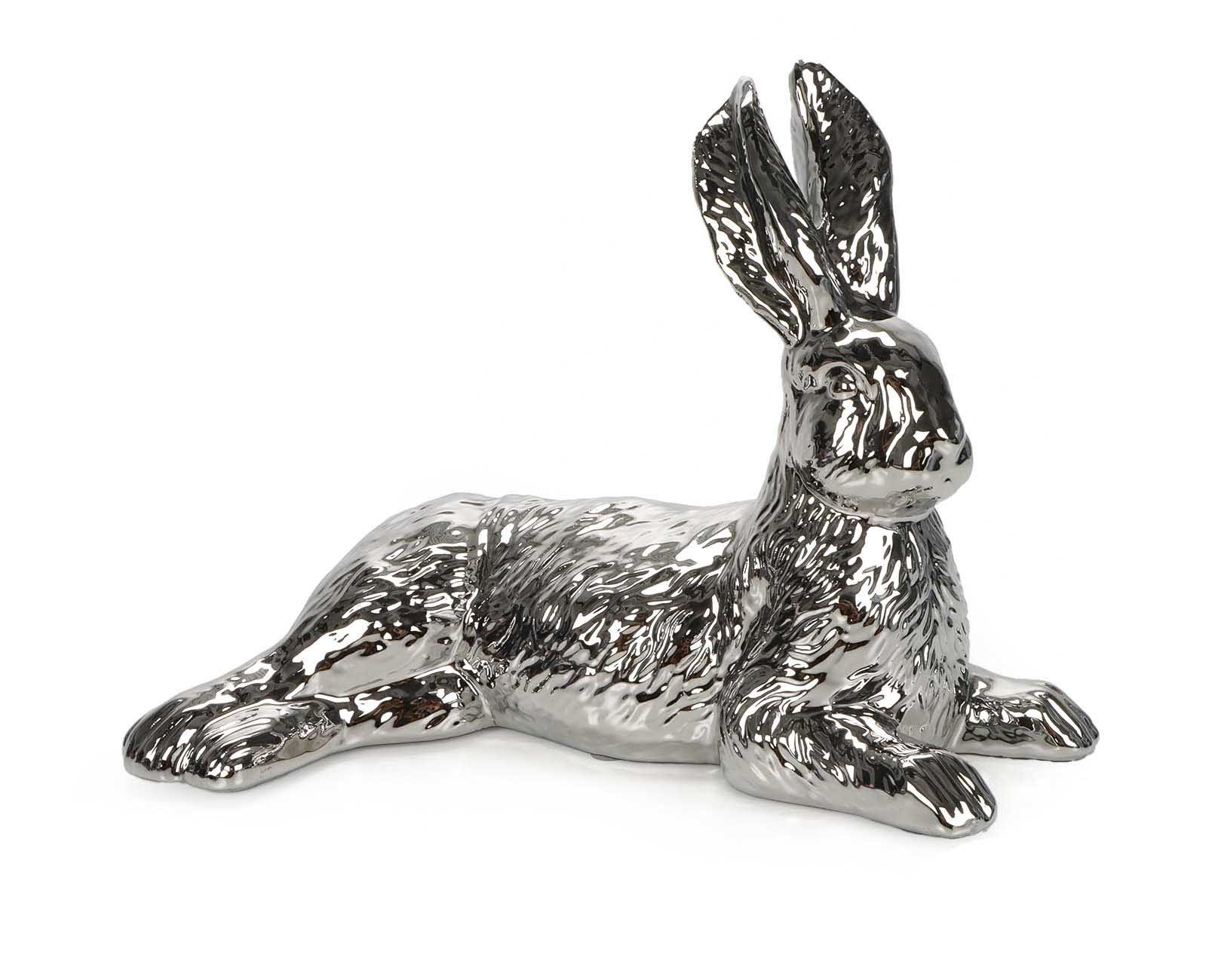 Bubble-Store Osterhase Osterfigur (Oster Deko Figur), silberner Osterhase mit dekorativer Fellzeichnung