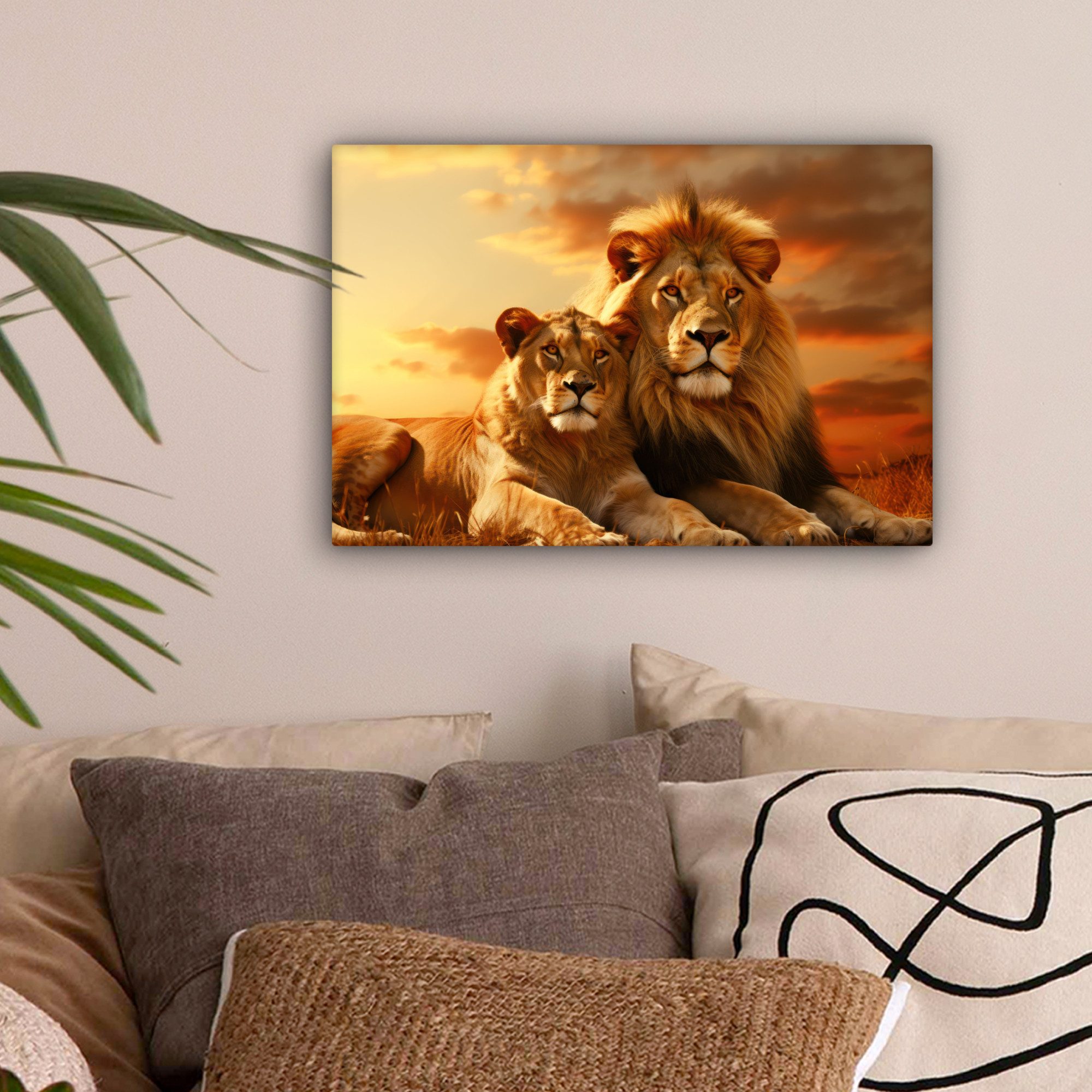 OneMillionCanvasses® Leinwandbild Löwen - Sonnenuntergang - Afrika - Savann günstig online kaufen