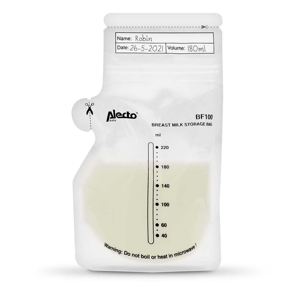 Alecto Muttermilchbeutel BF100, Vorsterilisiert, Zip-Verschluss, Standboden, Ausgießer, BPA-frei